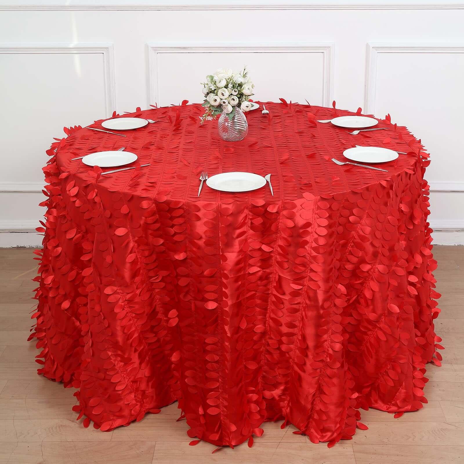 120" Red 3D Leaf Petal Taffeta Fabric Seamless Round Tablecloth for 5 Foot Table With Floor-Length Drop