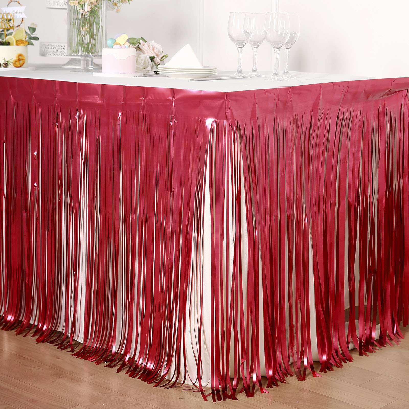 Metallic Foil Fringe Table Skirt Matte Red with Self Adhesive Backing - Durable Tinsel Skirt for Parties 30"x9ft