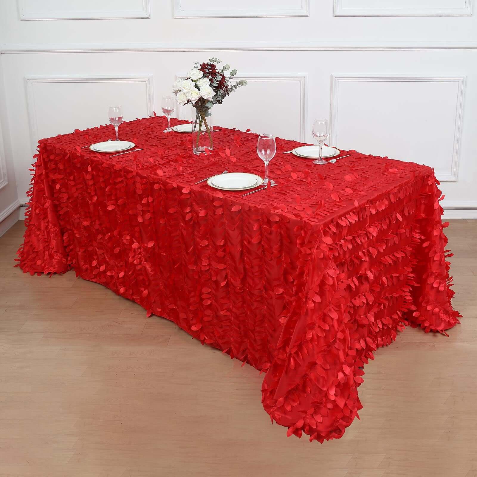 Taffeta 90"x132" Rectangle Tablecloth Red | 3D Leaf Petal Design Seamless Table Cover