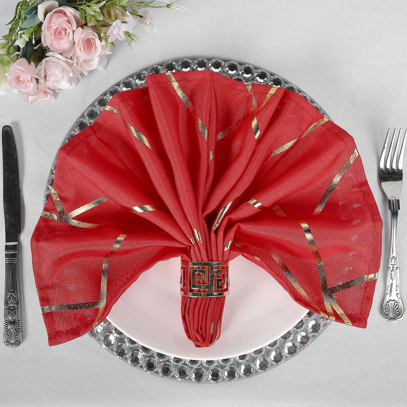 5 Pack Polyester 20"x20" Napkins Red with Gold Geometric Foil Pattern - Modern Reusable Dinner Napkins