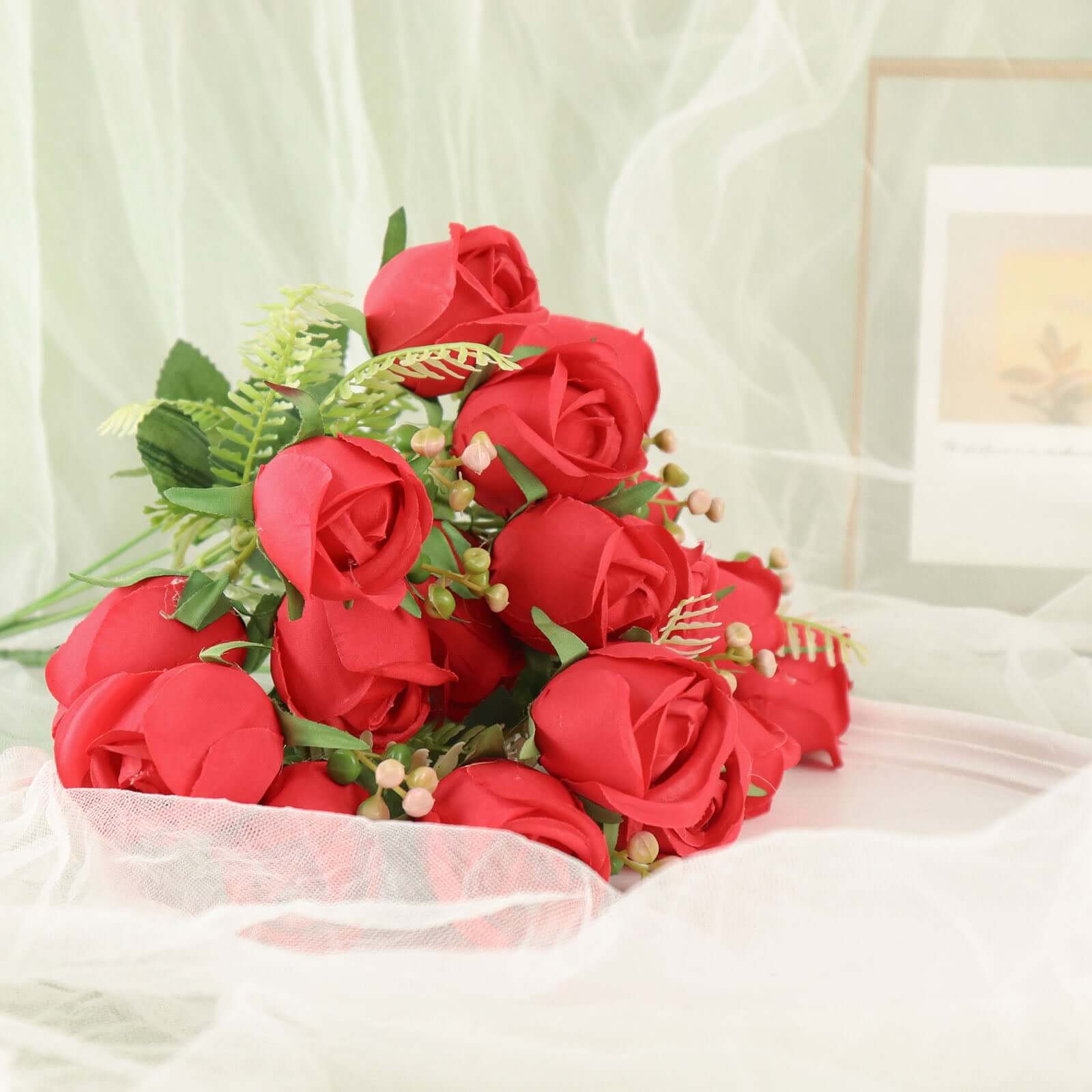 3 Pack 13" Red Real Touch Silk Rose Bud Flower Bridal Bouquets, Artificial Floral Bush Arrangements