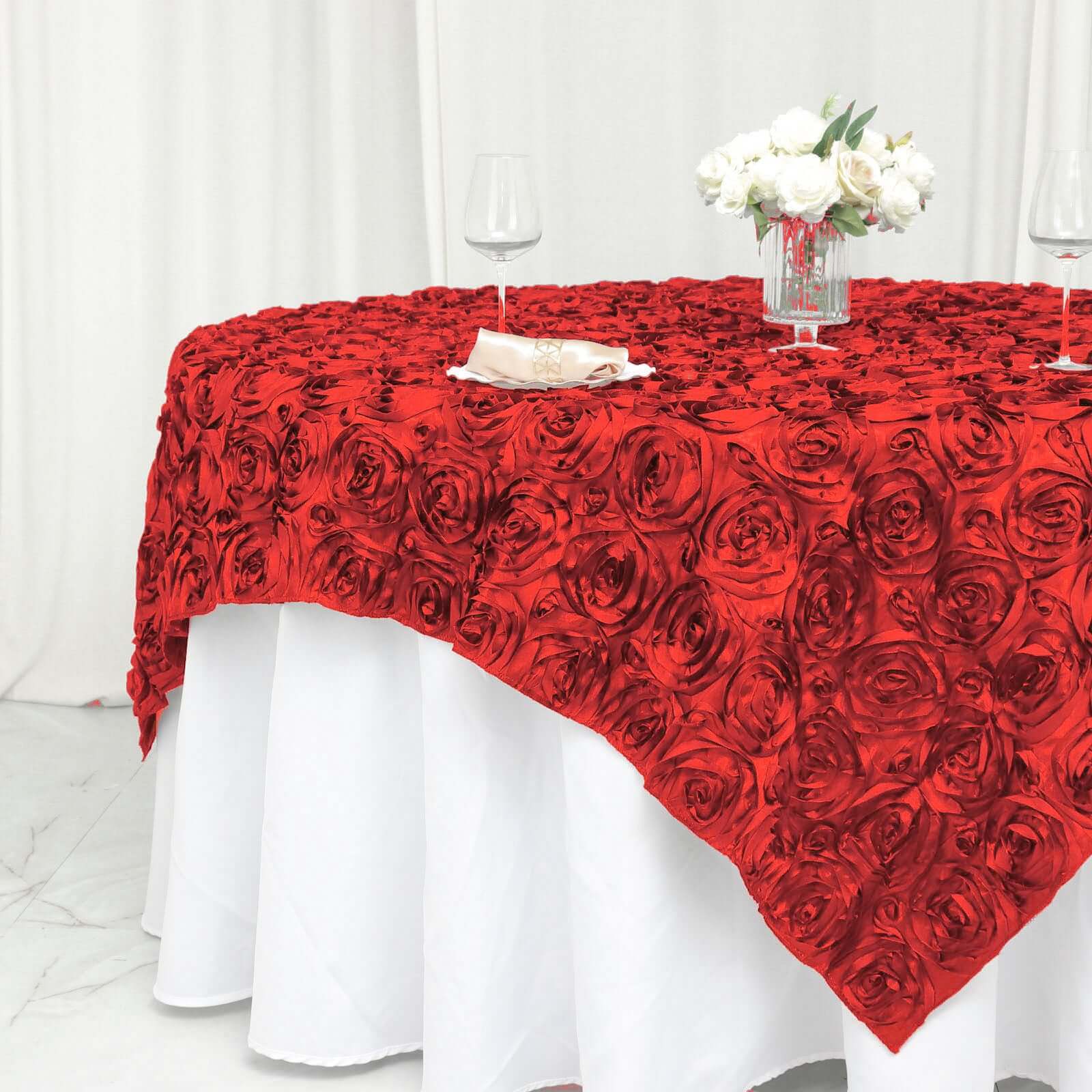 Satin 72"x72" Table Overlay Square Tablecloth Red - 3D Rosette Table Cover