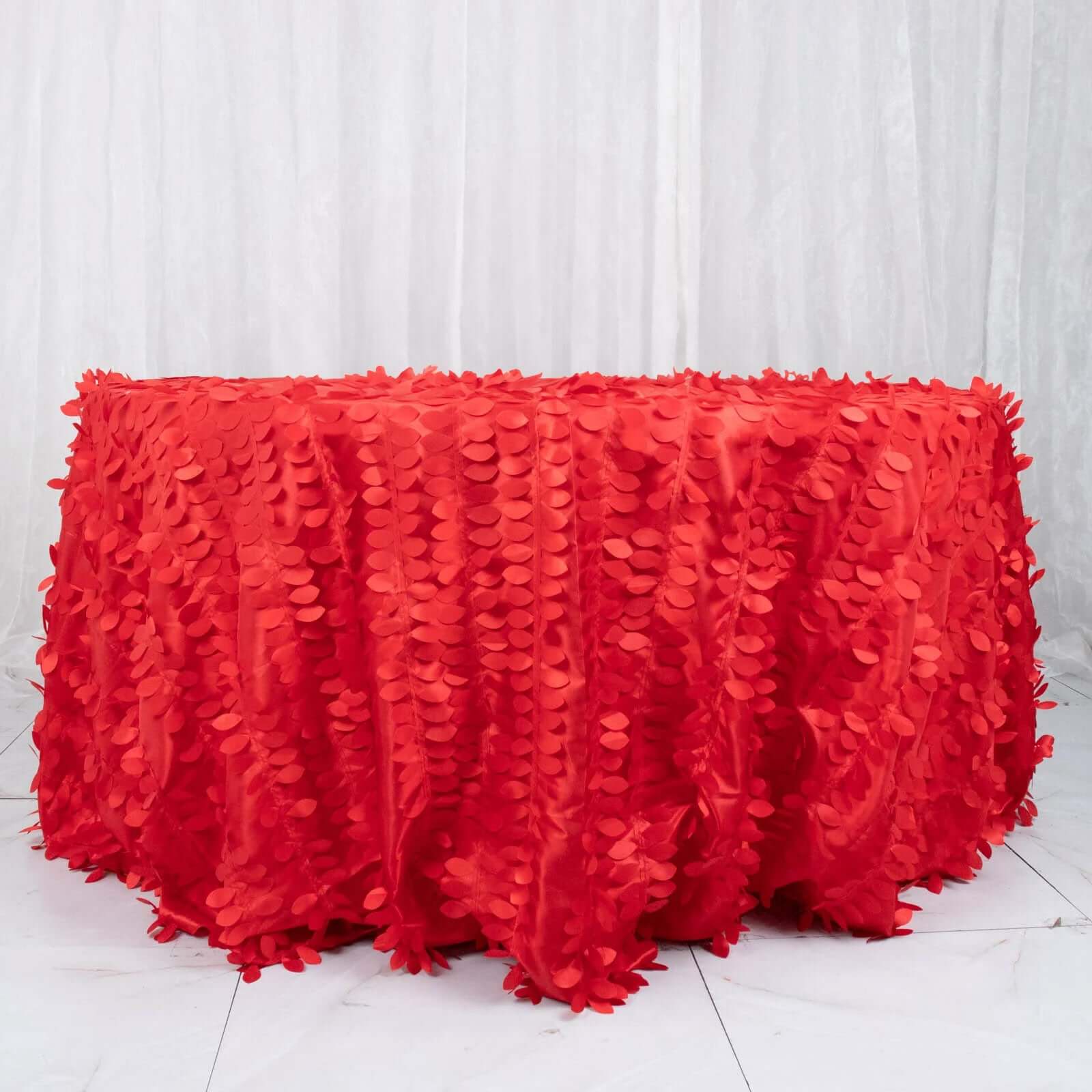 Taffeta 132" Round Tablecloth Red Leaf | 3D Leaf Petal Design Seamless Table Cover