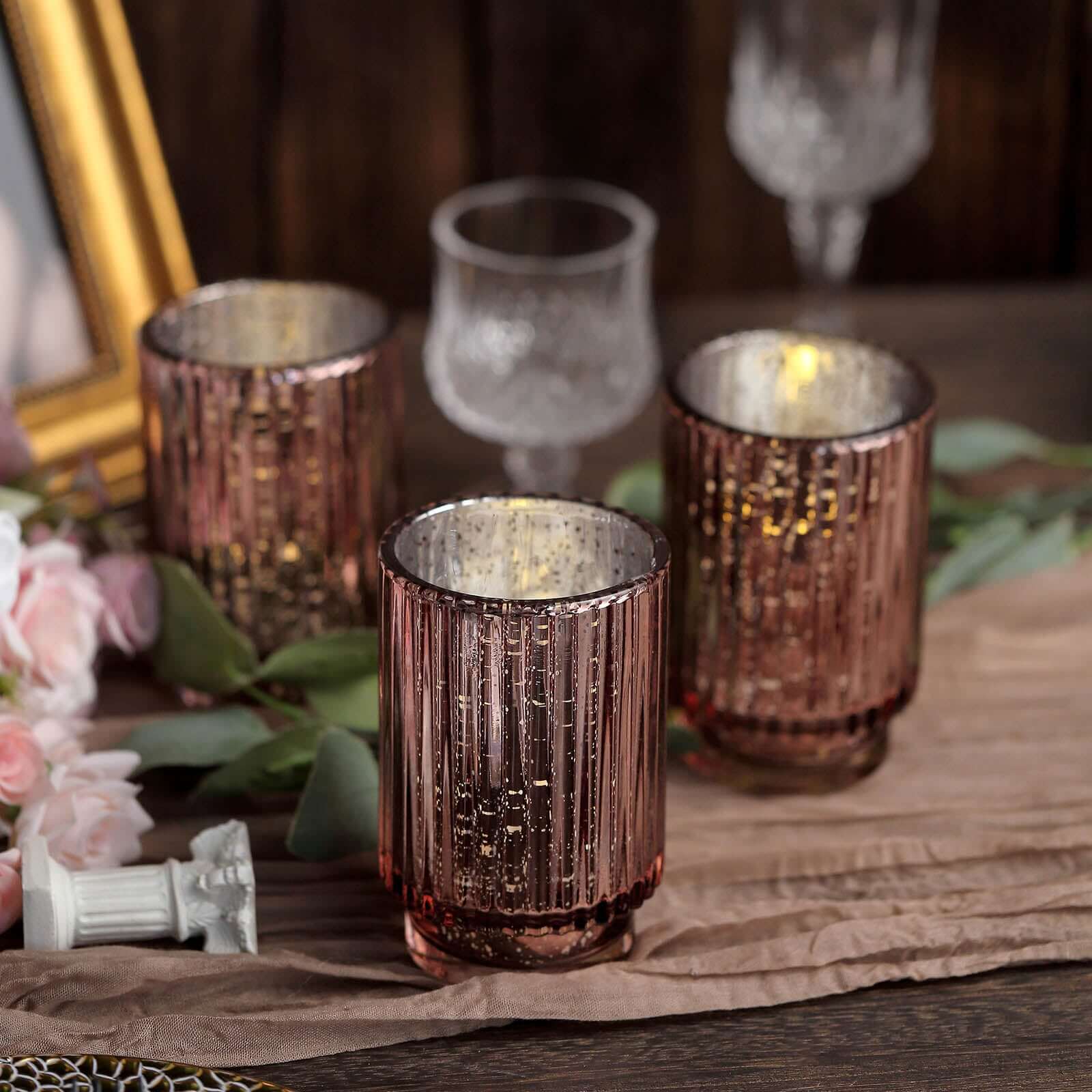 3-Pack Mercury Glass Hurricane Candle Holders Rose Gold Wavy Column Design - Votive Pillar Vase 5"
