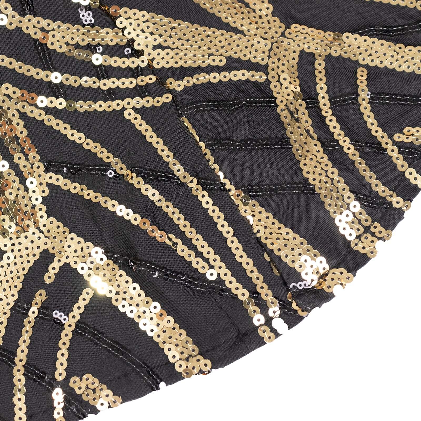 Spandex 32" Round Cocktail Table Cover Black/Gold with Wave Embroidered Sequins - Glamorous Design for Upscale Events