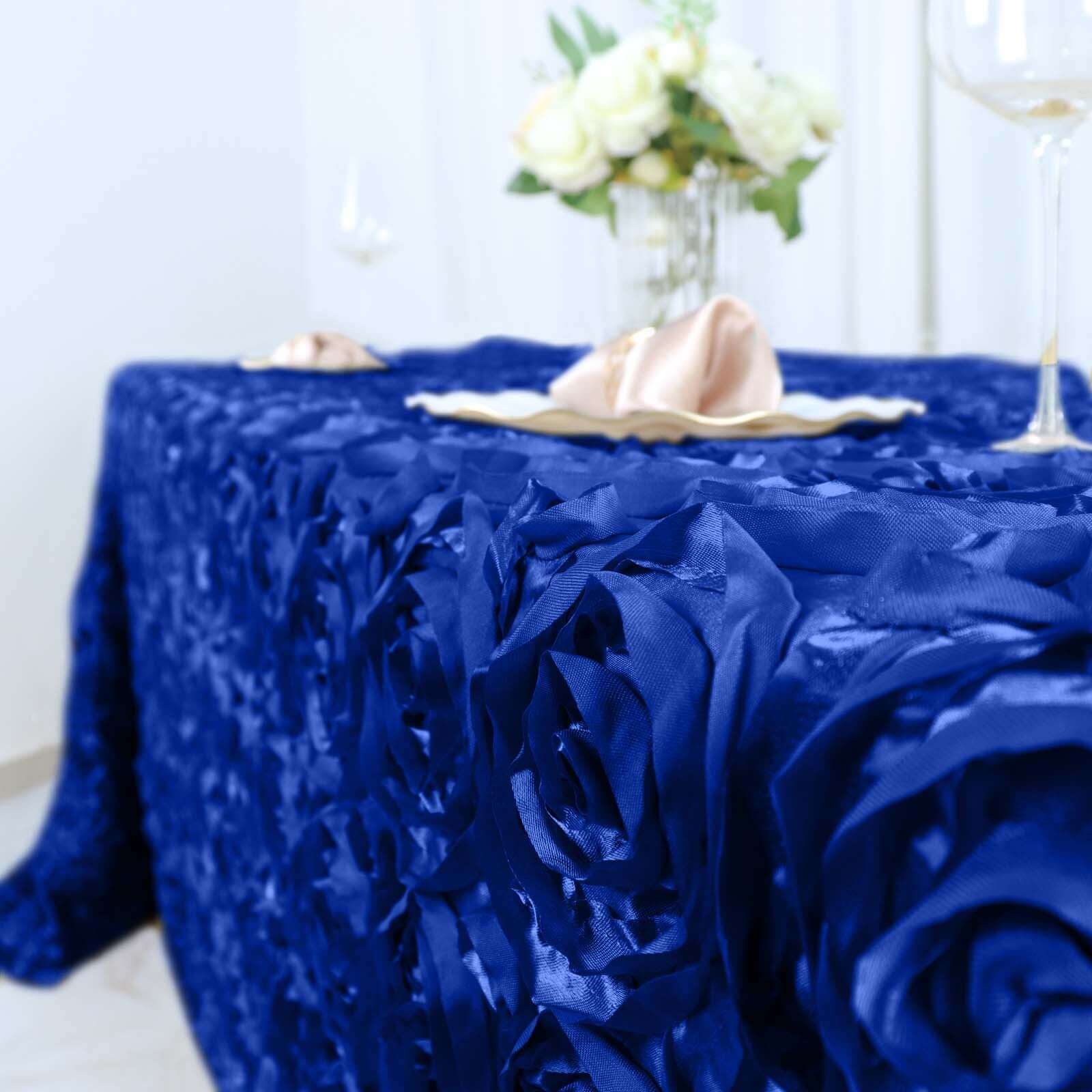 Satin 90"x132" Rectangle Tablecloth Royal Blue - Grandiose 3D Rosette Seamless Table Cover