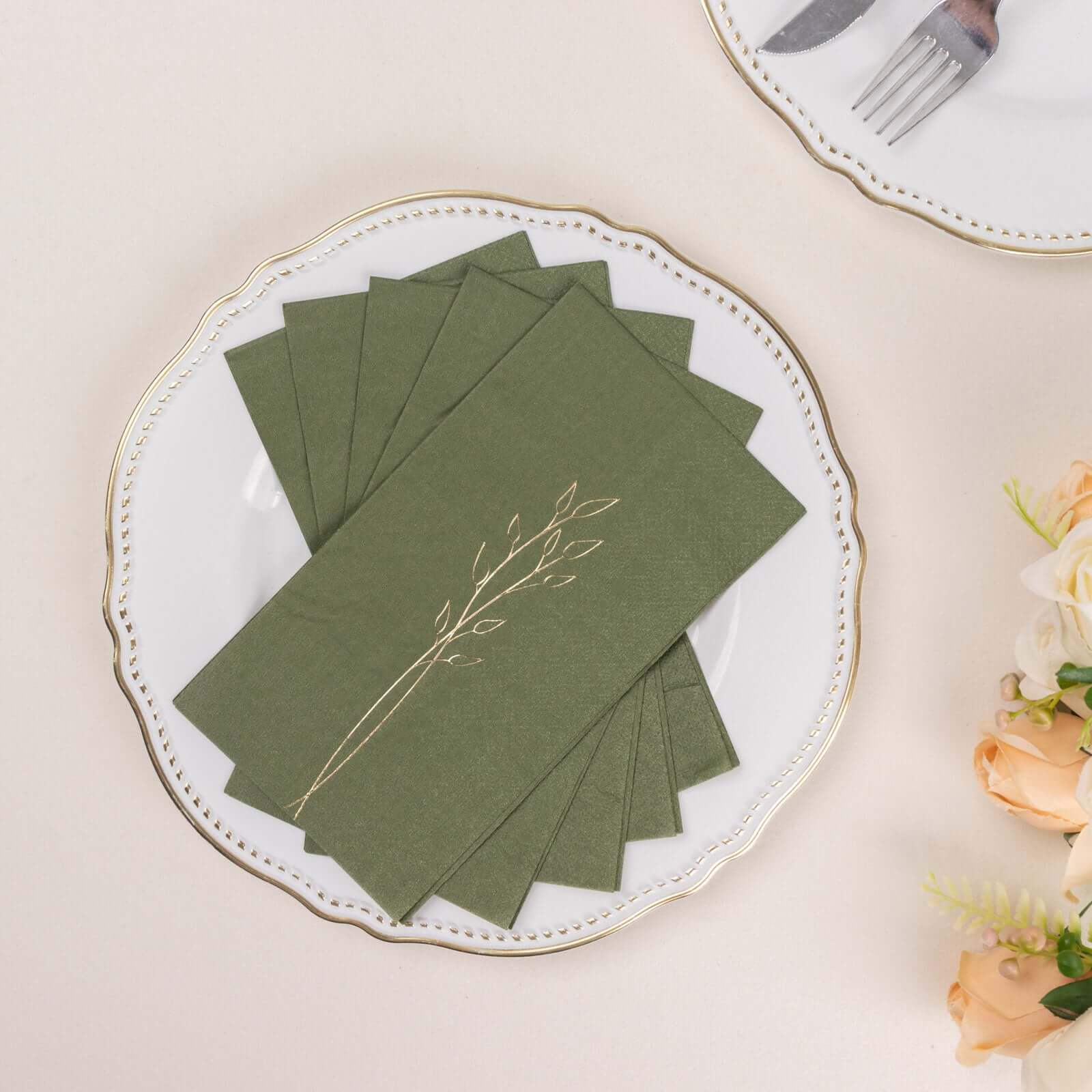 50-Pack Paper Dinner Napkins Olive Green with Gold Embossed Leaf - Stylish 2-Ply Disposable Napkins for Weddings 18GSM