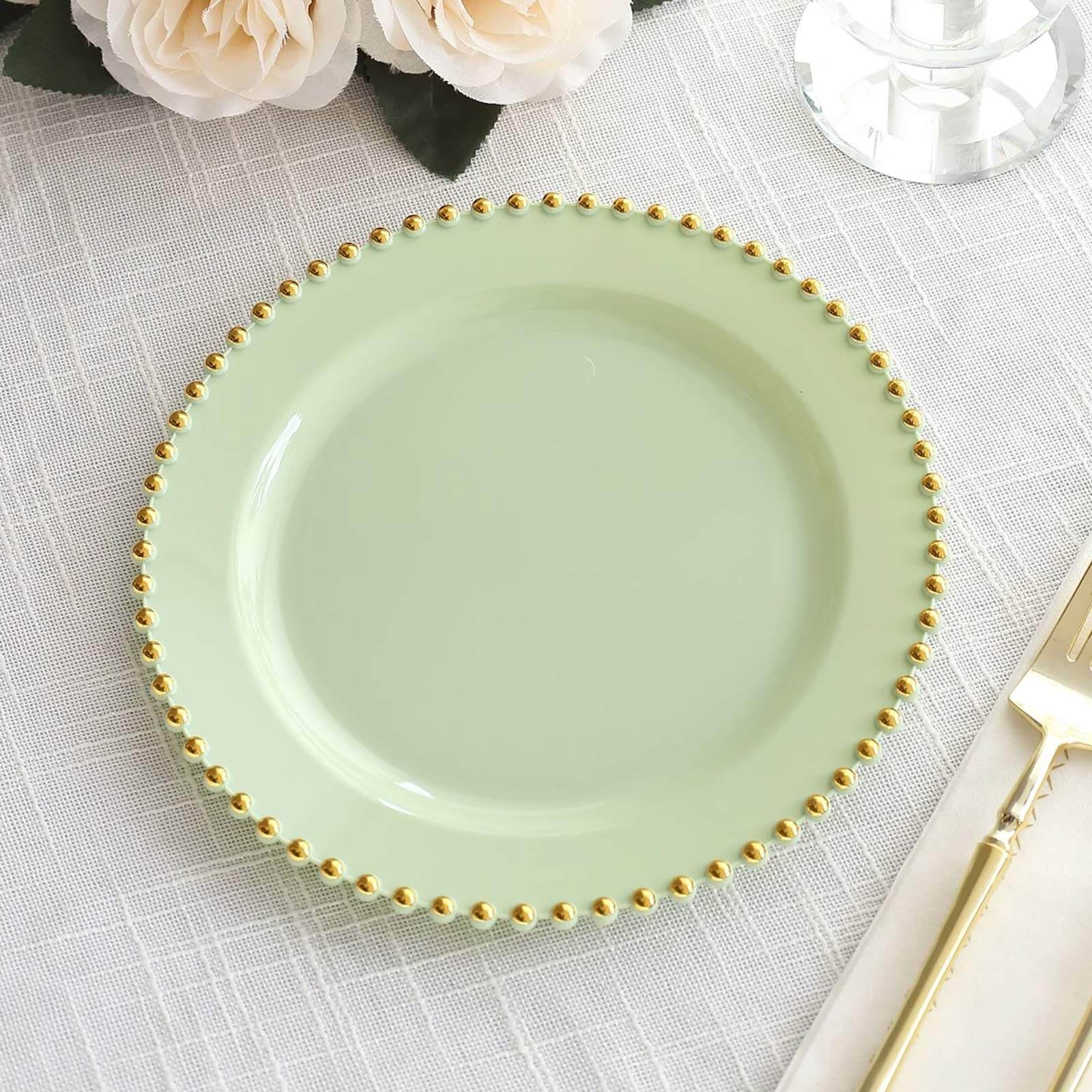 10-Pack Sage Green Plastic Dessert Plates – 8" Round with Gold Beaded Rim, Disposable for Parties & Events
