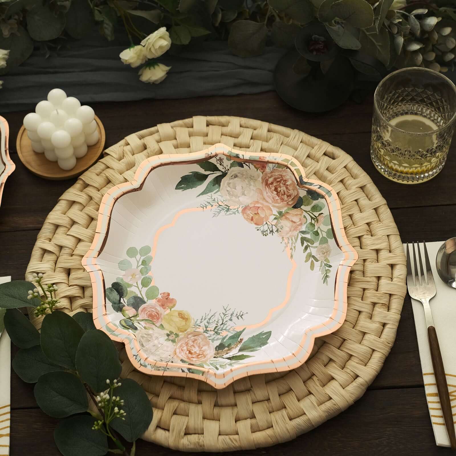 25-Pack Paper 10" Dinner Plates in White with Floral Print & Rose Gold Scallop Rim - Disposable 300GSM Party Plates