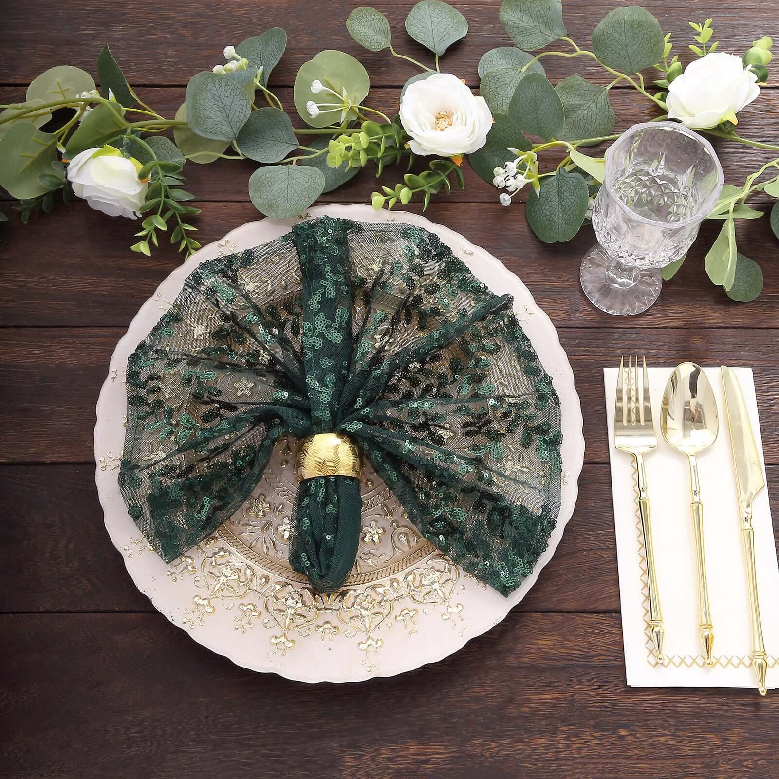 Sequin Tulle 20"x20" Napkin Hunter Emerald Green - Embroidered Leaf Vine Dinner Napkins