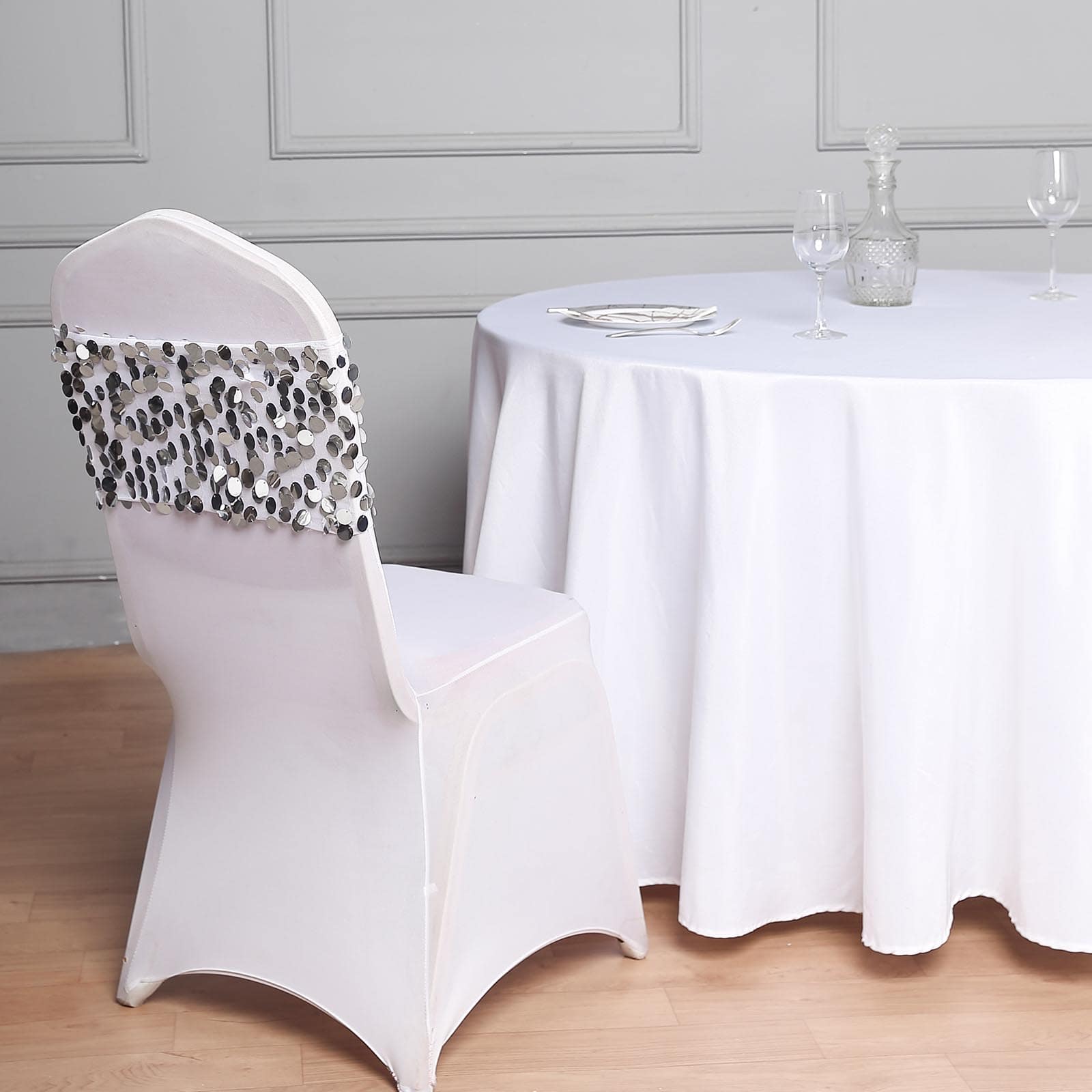 5 Pack Big Payette Sequin 13"x10" Chair Sash Bands Silver - Stylish Glittering Decor for Weddings & Gatherings