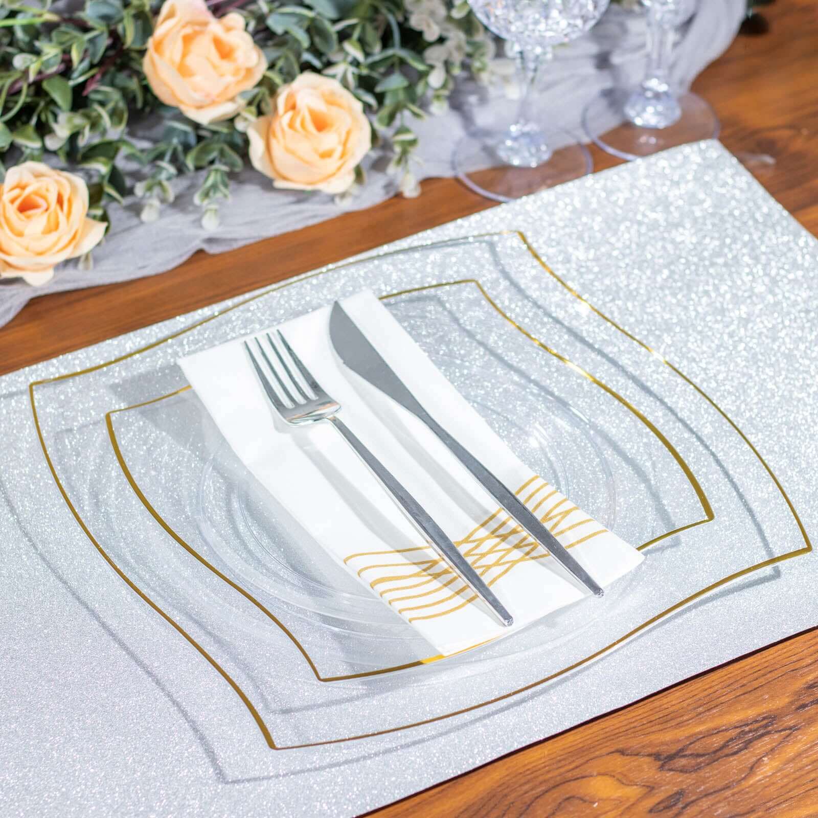 10-Pack Plastic 8" Square Dessert Plates in Clear with Gold Wavy Rim Modern - Disposable Salad Appetizer Party Plates
