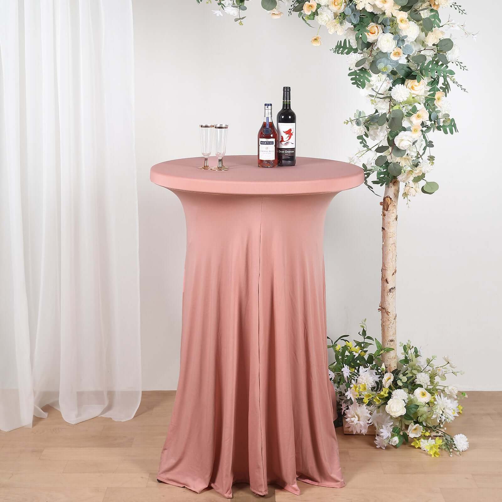 Spandex 32" Round Cocktail Table Cover Skirt Dusty Rose With Natural Wavy Drapes