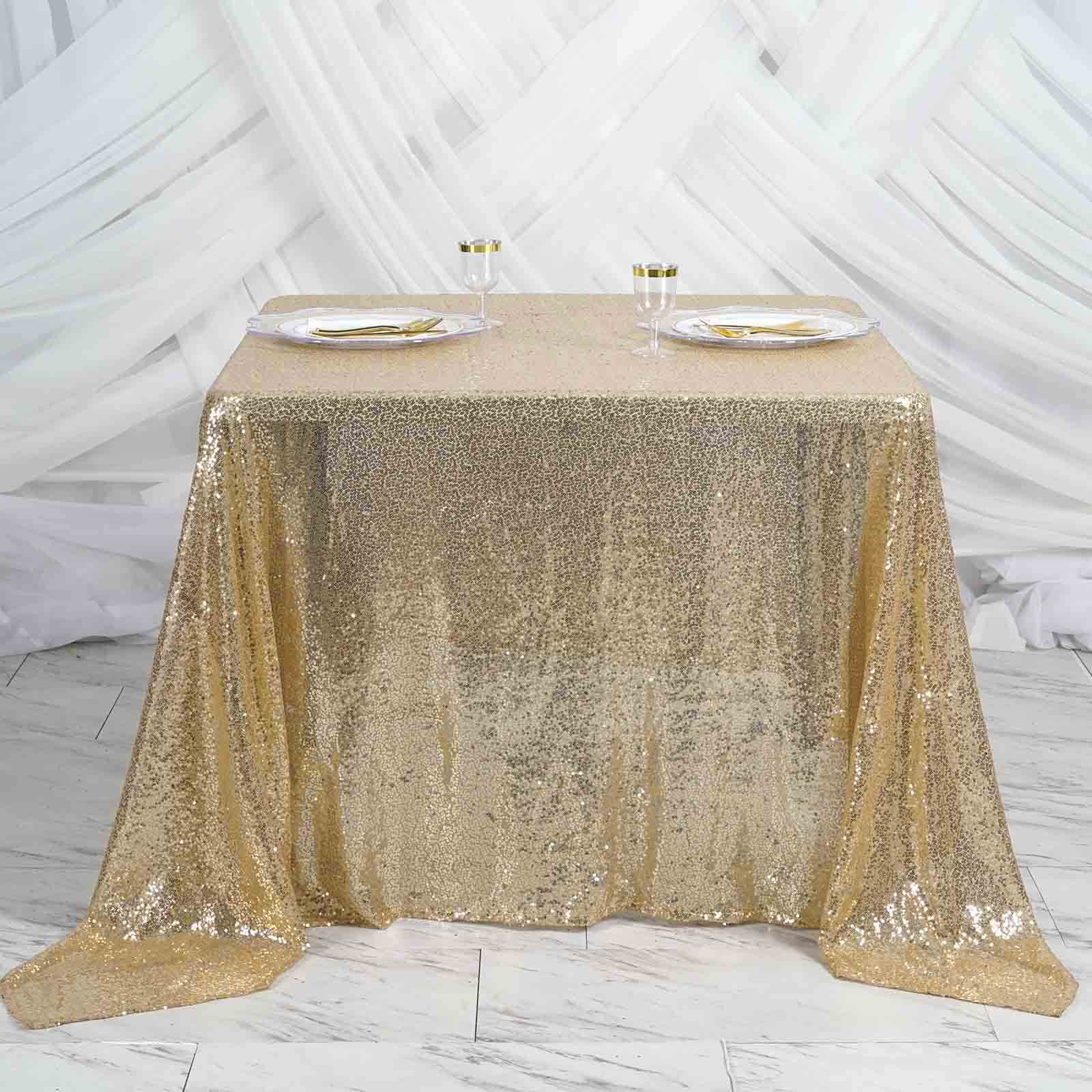 Sequin 90"x90" Table Overlay Square Tablecloth Champagne - Sparkly Table Cover