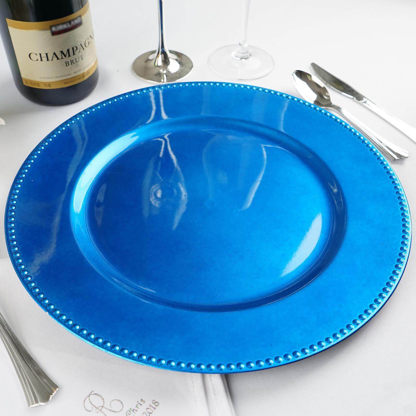 6-Pack Acrylic Round Charger Plates 13" in Royal Blue with Beaded Rim, Dinner Charger Event Tabletop Decor