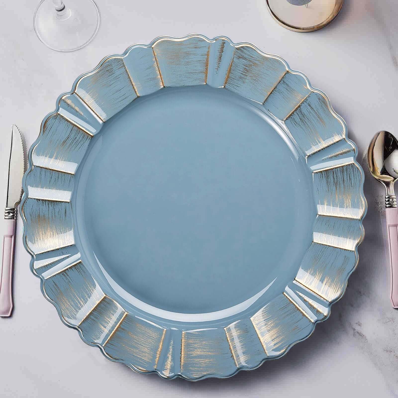 6-Pack Acrylic Plastic Round Charger Plates 13" in Dusty Blue with Gold Brushed Wavy Scalloped Rim, Decorative Dinner Party Charger Tableware