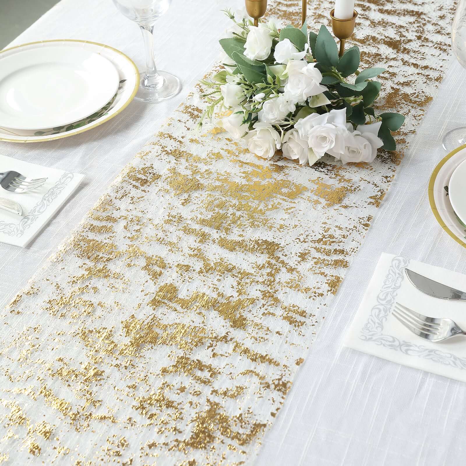 Mesh Polyester 108" Table Runner Roll Metallic Gold Distressed Foil Printing Design - Disposable Stylish Party Table Decor