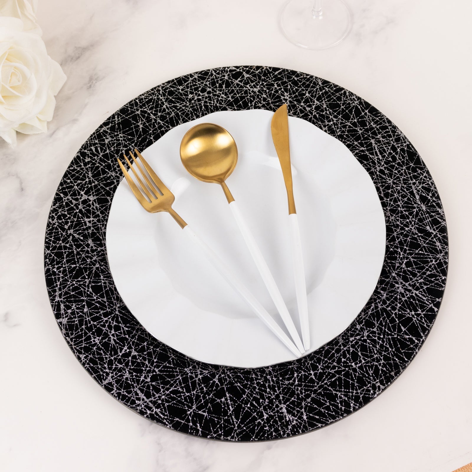 6-Pack Acrylic Round Charger Plates 13" in Black with Silver Glitter Abstract Lines Pattern, Decorative Dinner Party Charger Tableware