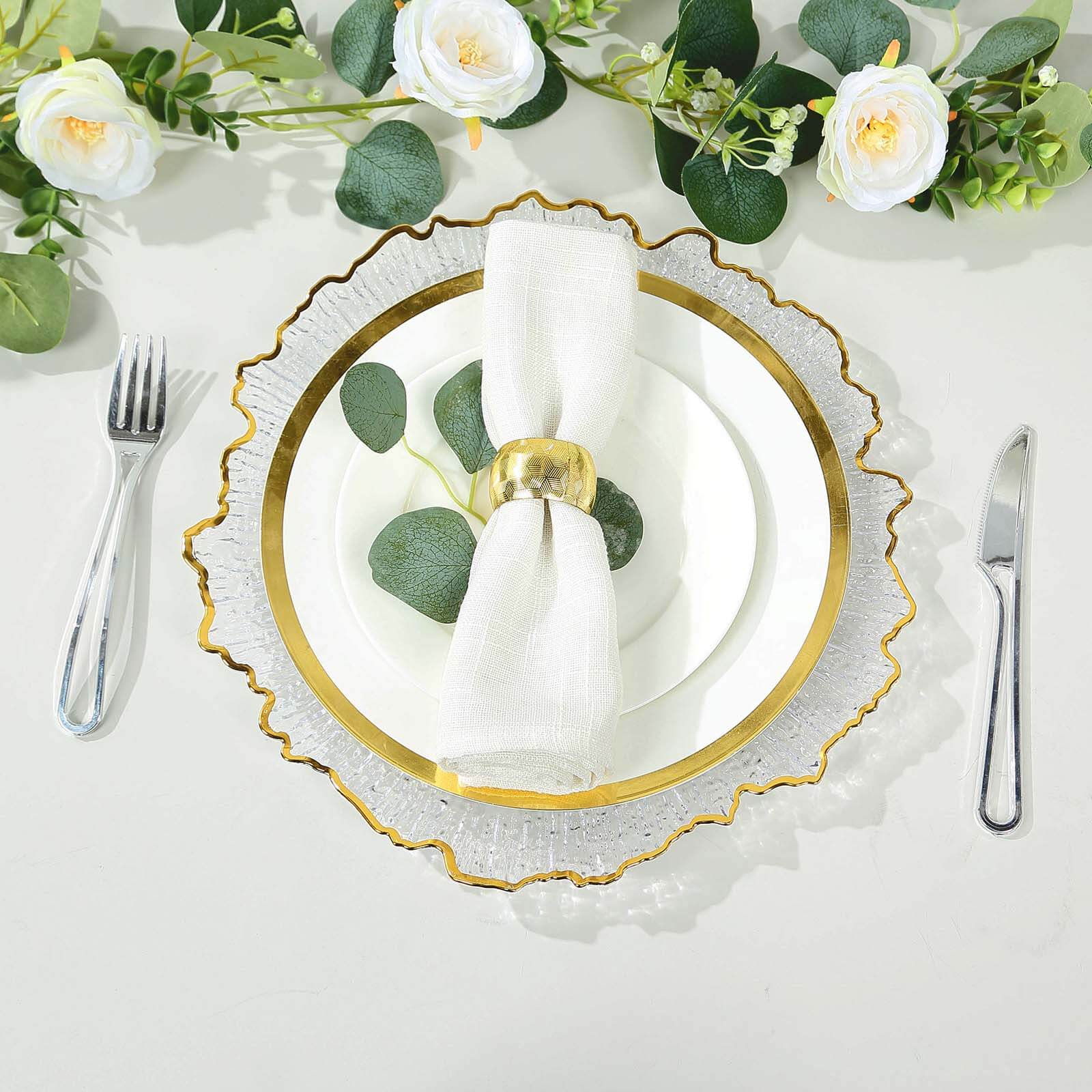 6-Pack Plastic Round Charger Plates 12" in Clear Reef Design with Gold Rim, Decorative Dinner Party Serving Plates
