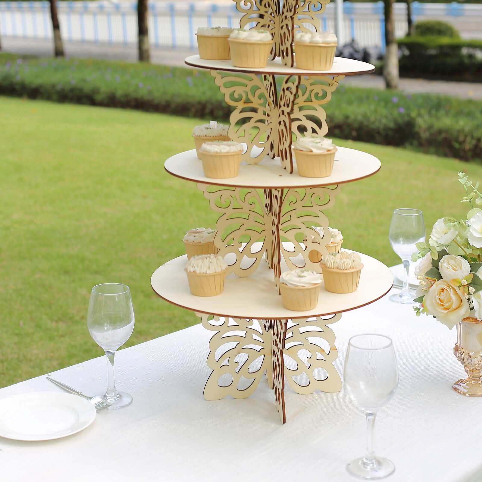 Set of 4 Wooden Cake Stands Butterfly Round Design Natural - Stackable Rustic Cupcake Holder Centerpiece 10", 12", 14", 16"