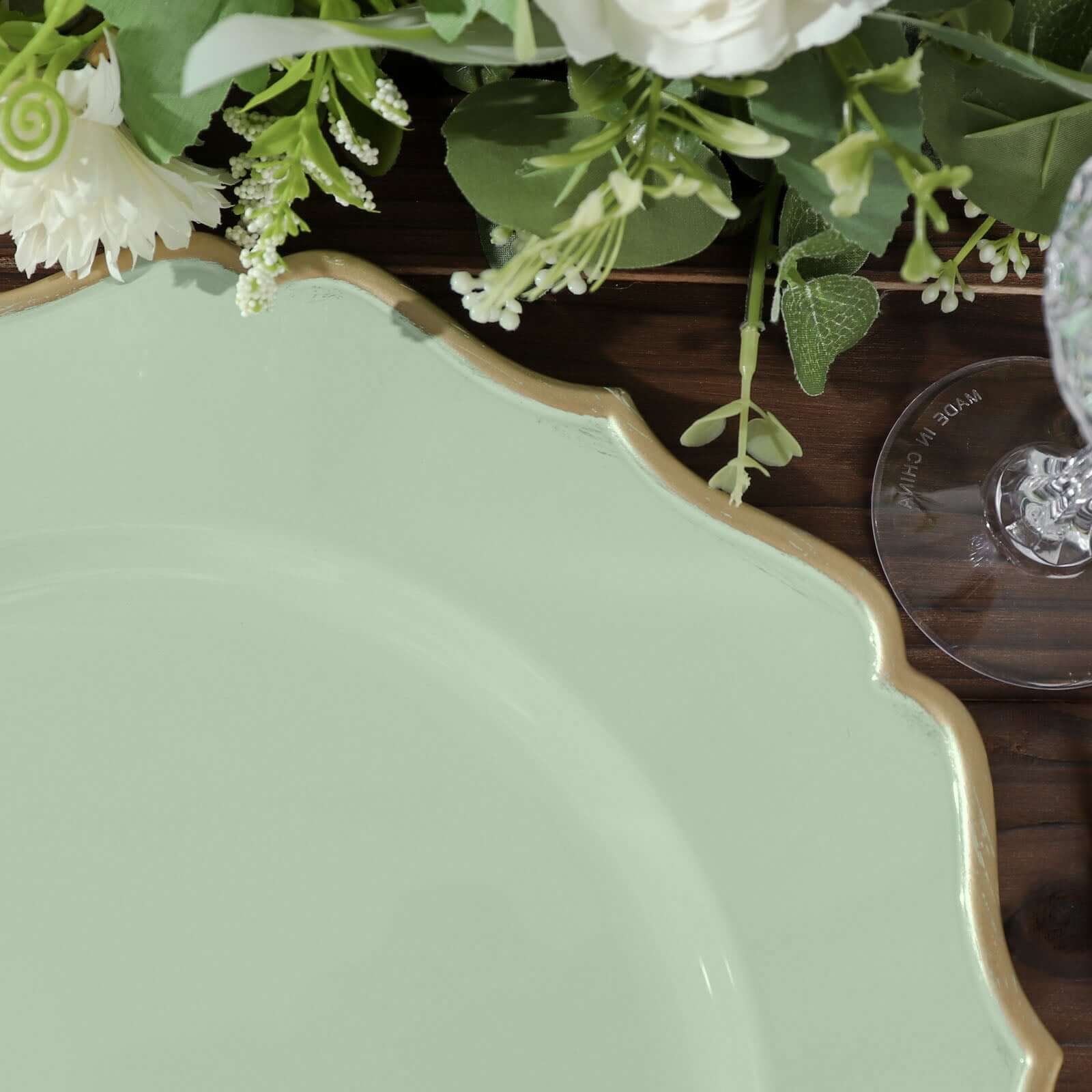 6-Pack Acrylic Round Charger Plates 13" in Sage Sage Green with Gold Scalloped Rim, Decorative Dinner Party Plastic Charger Tableware