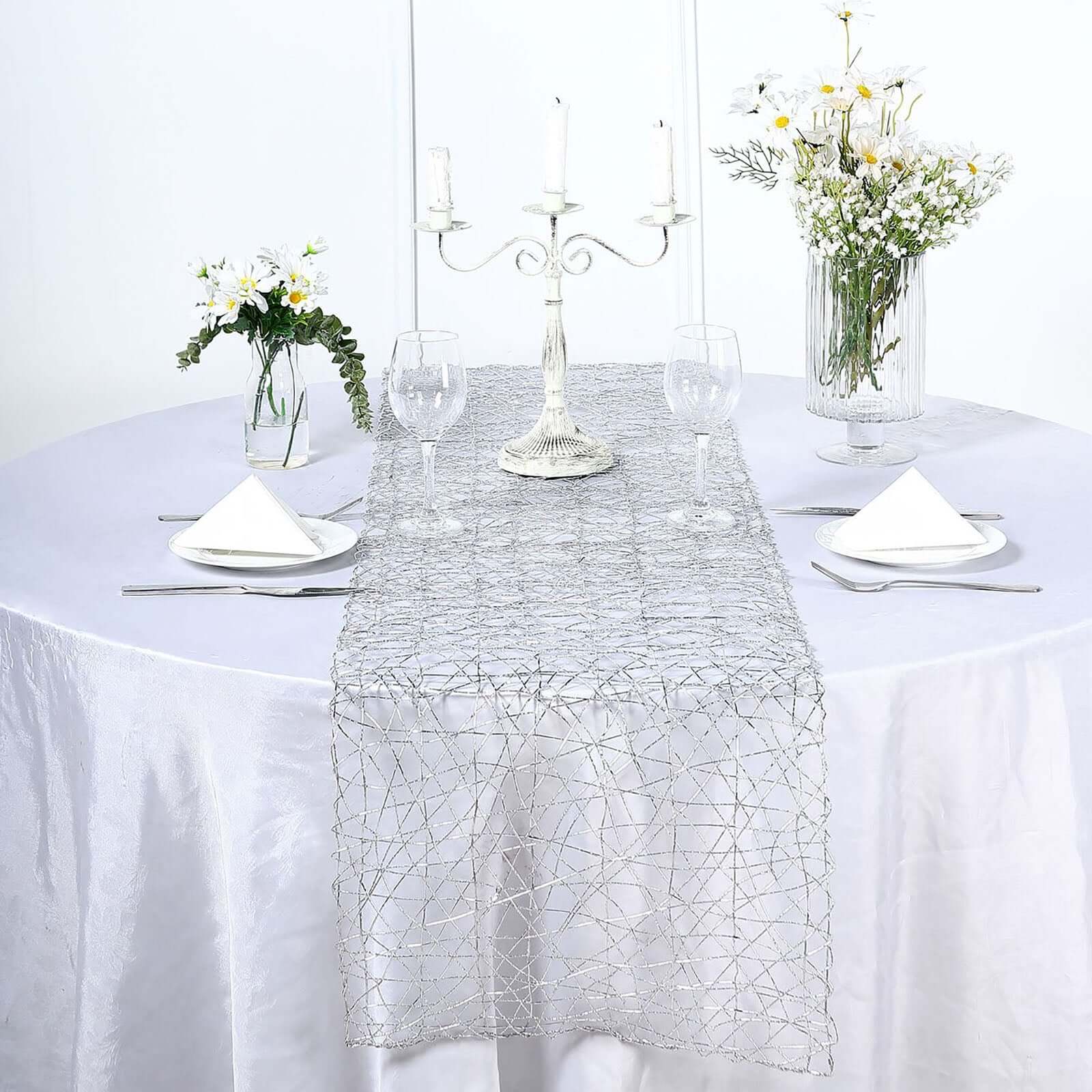 Metallic String Woven 16"x72" Table Runner Silver - Reversible Wire Nest Table Decor