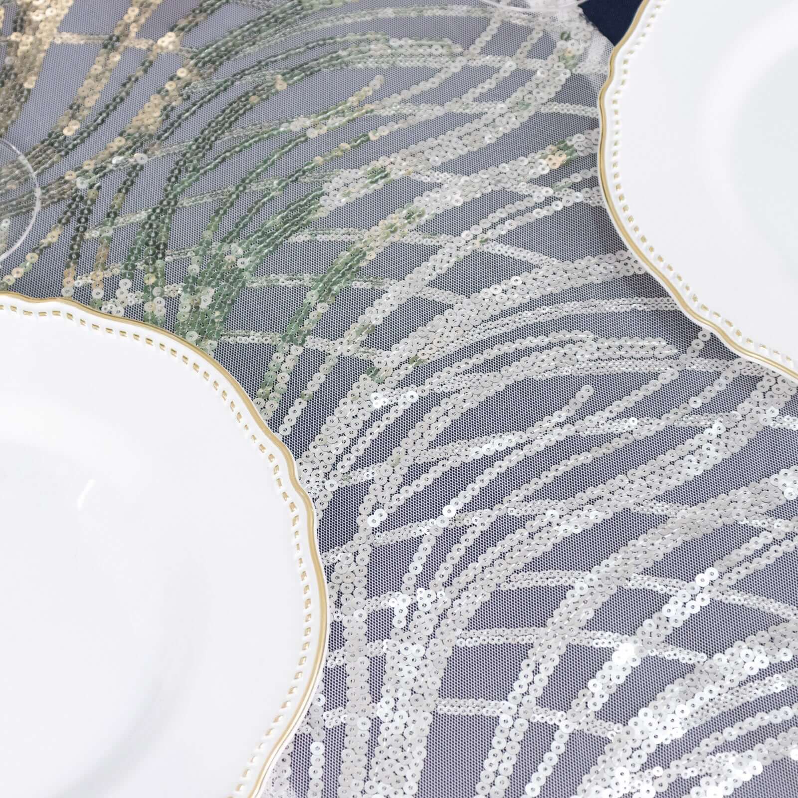 Sequin Mesh 12"x108" Table Runner Silver Stylish Wave Embroidery