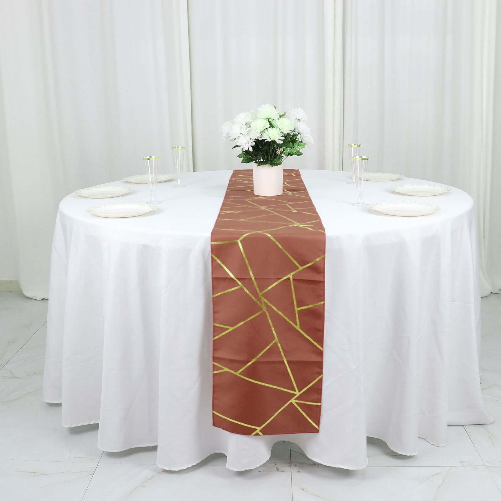 Polyester 9ft Table Runner Terracotta (Rust) with Gold Foil Modern Geometric Accent