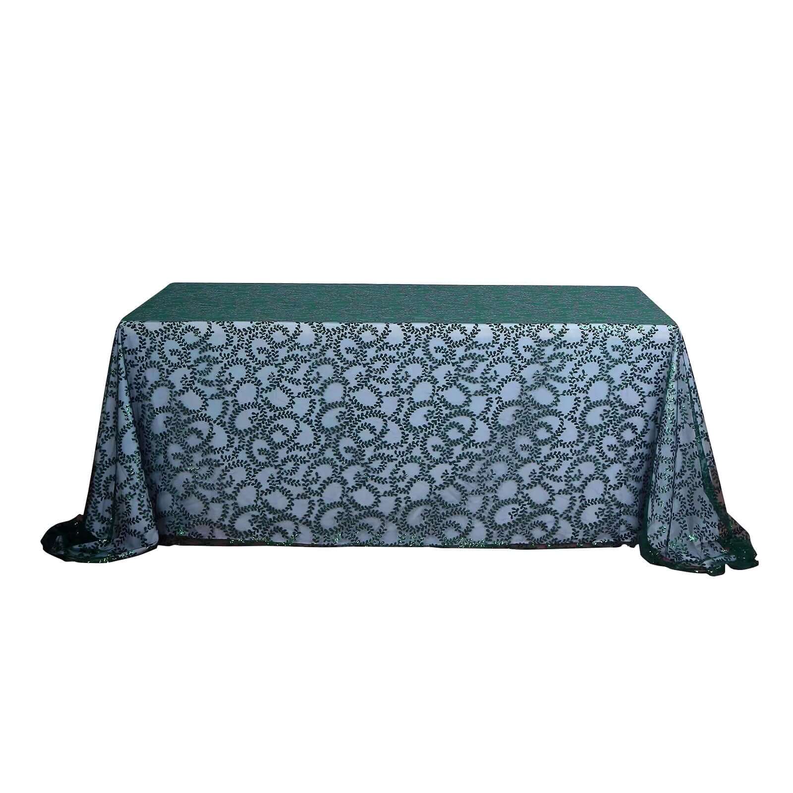 Tulle 90"x156" Rectangle Tablecloth Hunter Emerald Green - Sequin Leaf Embroidered Table Cover