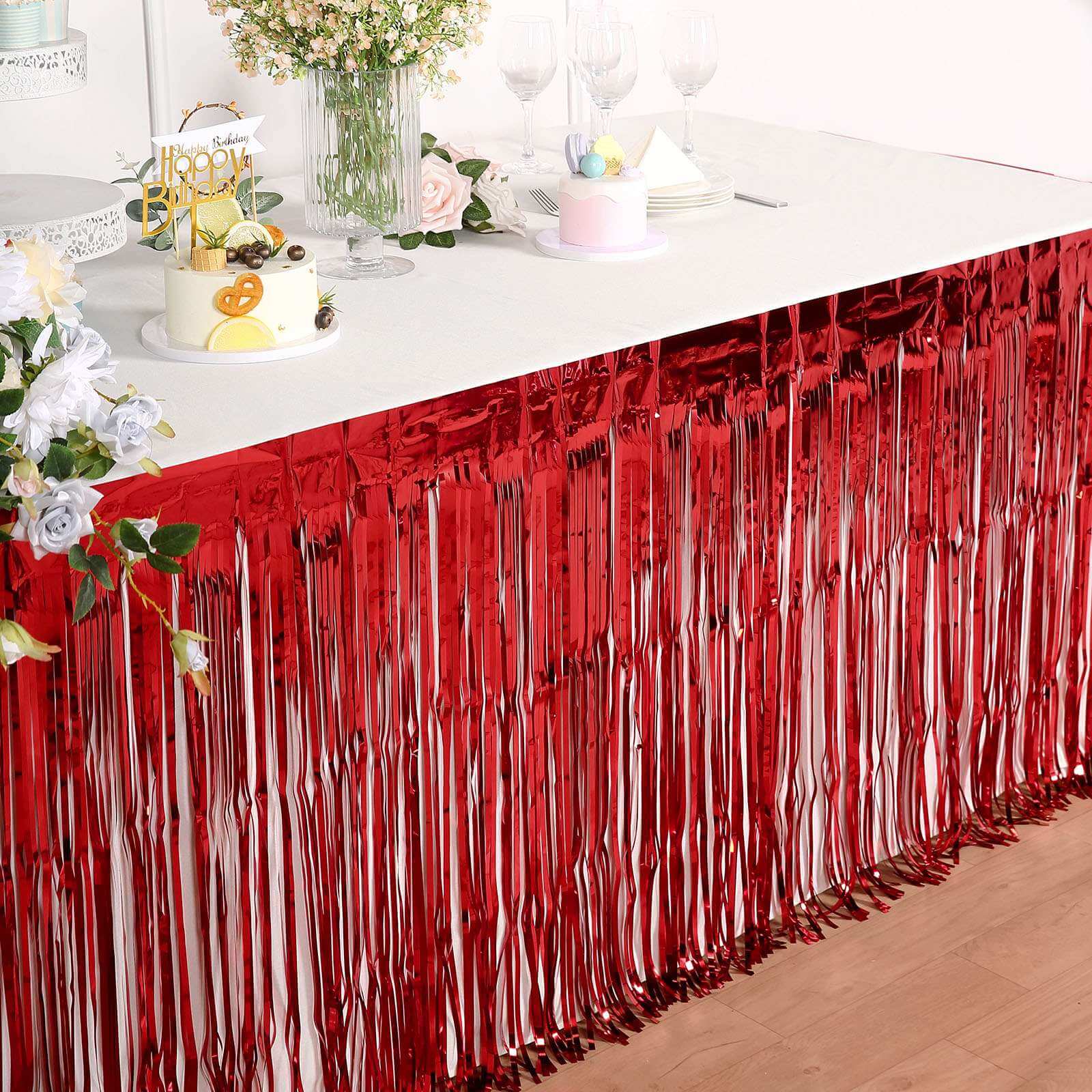 Metallic Foil Fringe Table Skirt Red with Self Adhesive Backing - Durable Tinsel Skirt for Parties 30"x9ft