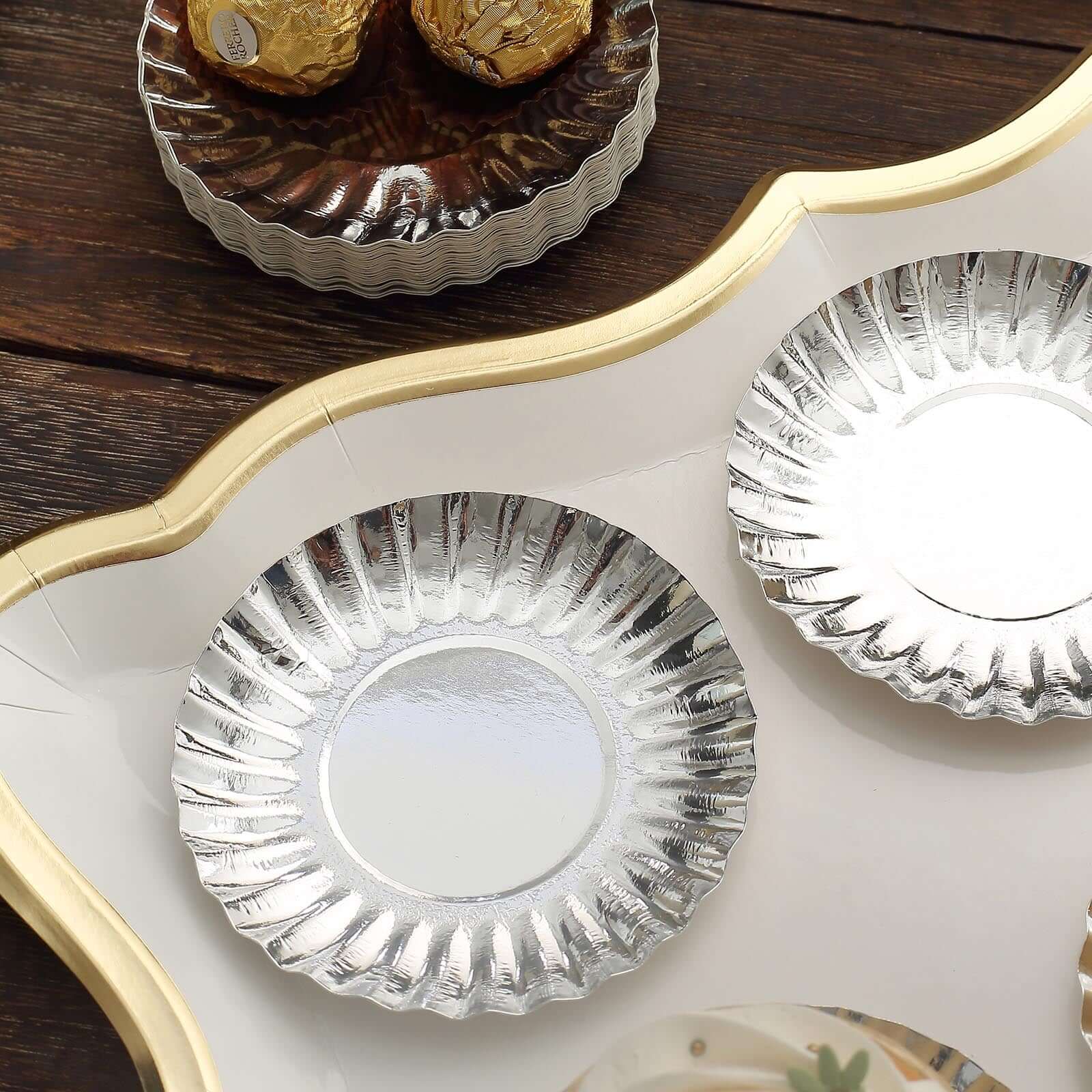 50-Pack Paper 3.5" Round Party Plates in Metallic Silver with Scalloped Rim - Disposable Mini 250GSM Dessert Plates for Tapas, Appetizers & Finger Foods