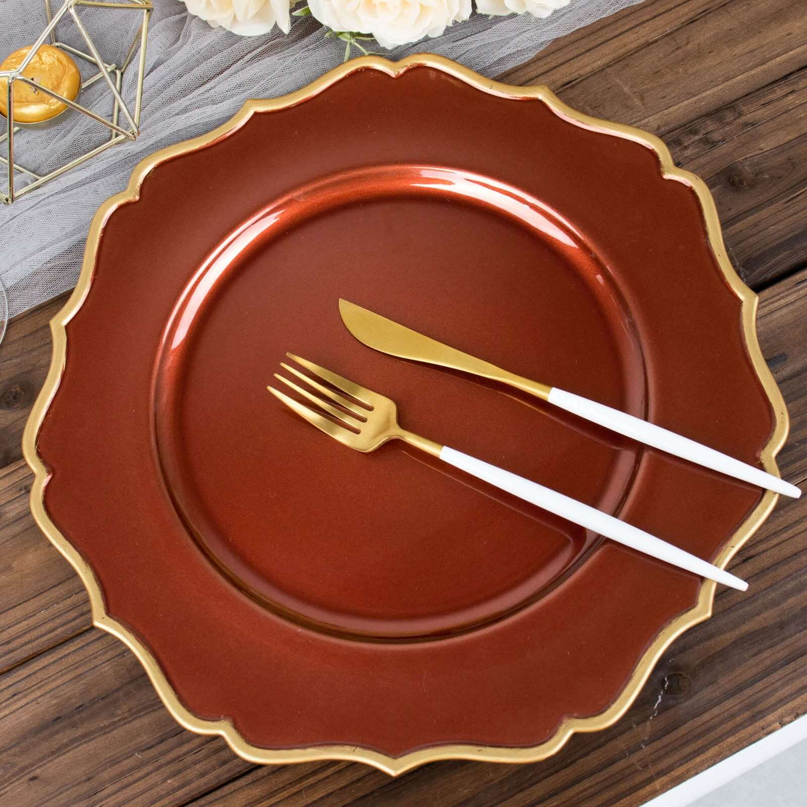 6-Pack Acrylic Round Charger Plates 13" in Terracotta (Rust) with Gold Scalloped Rim, Decorative Dinner Party Plastic Charger Tableware