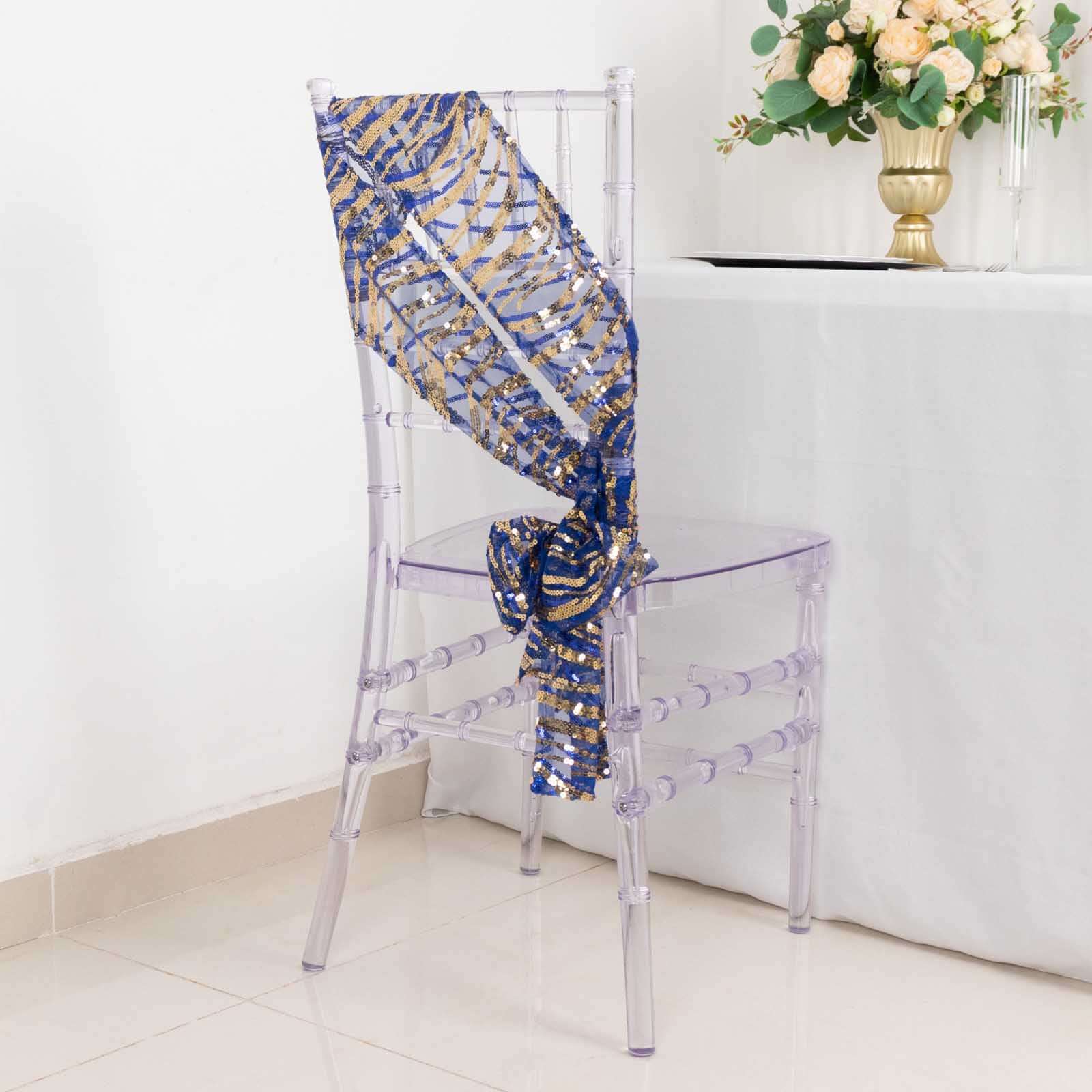 5 Pack Chair Sashes with Wave Embroidered Sequins Royal Blue/Gold 6"x88"
