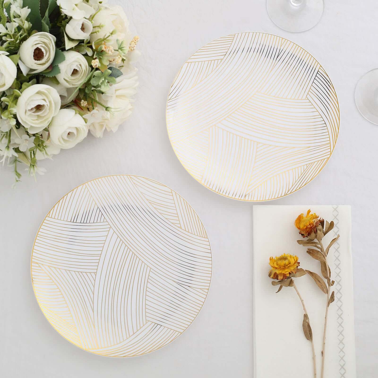 10-Pack Plastic 7" Round Dessert Plates in White with Gold Wave Brush Strokes Pattern - Disposable Appetizer Salad Plates for Modern & Classy Table Decor