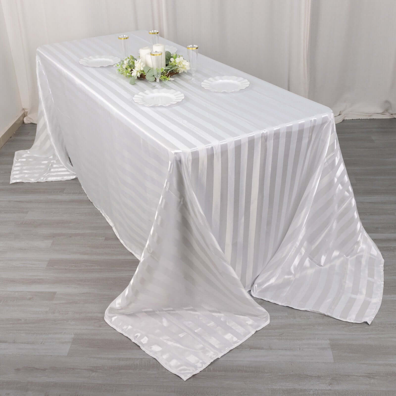Satin Striped 90"x132" Rectangular Tablecloth White Satin Stripe - Seamless Silky Smooth Wedding Decor
