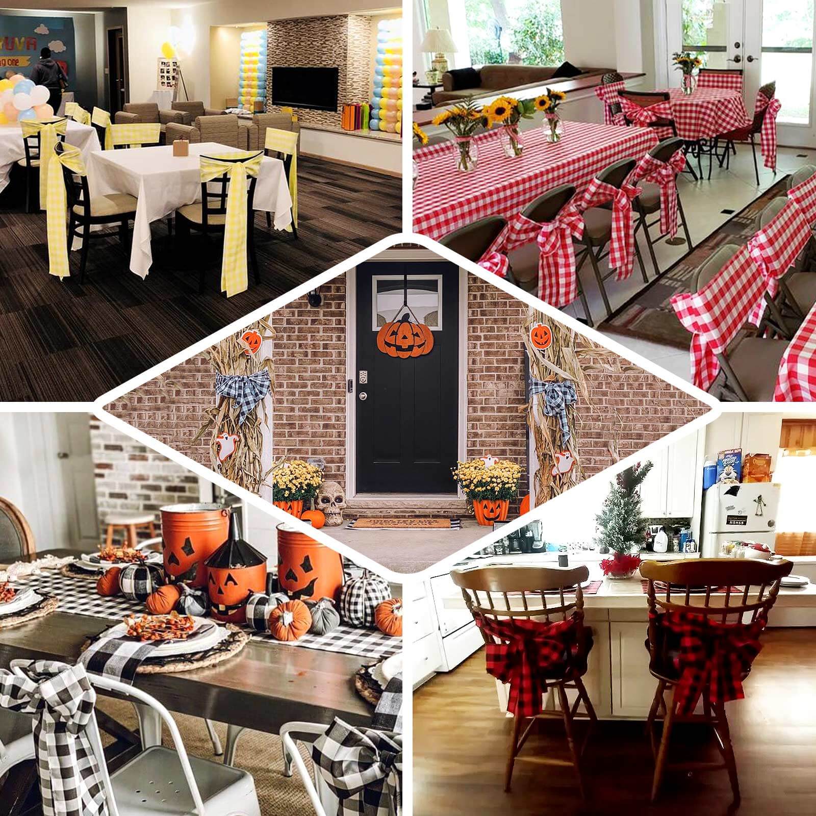 5 Pack Polyester Chair Sashes Yellow/White Buffalo Plaid - Durable & Reusable Chair Bows 6"x108"