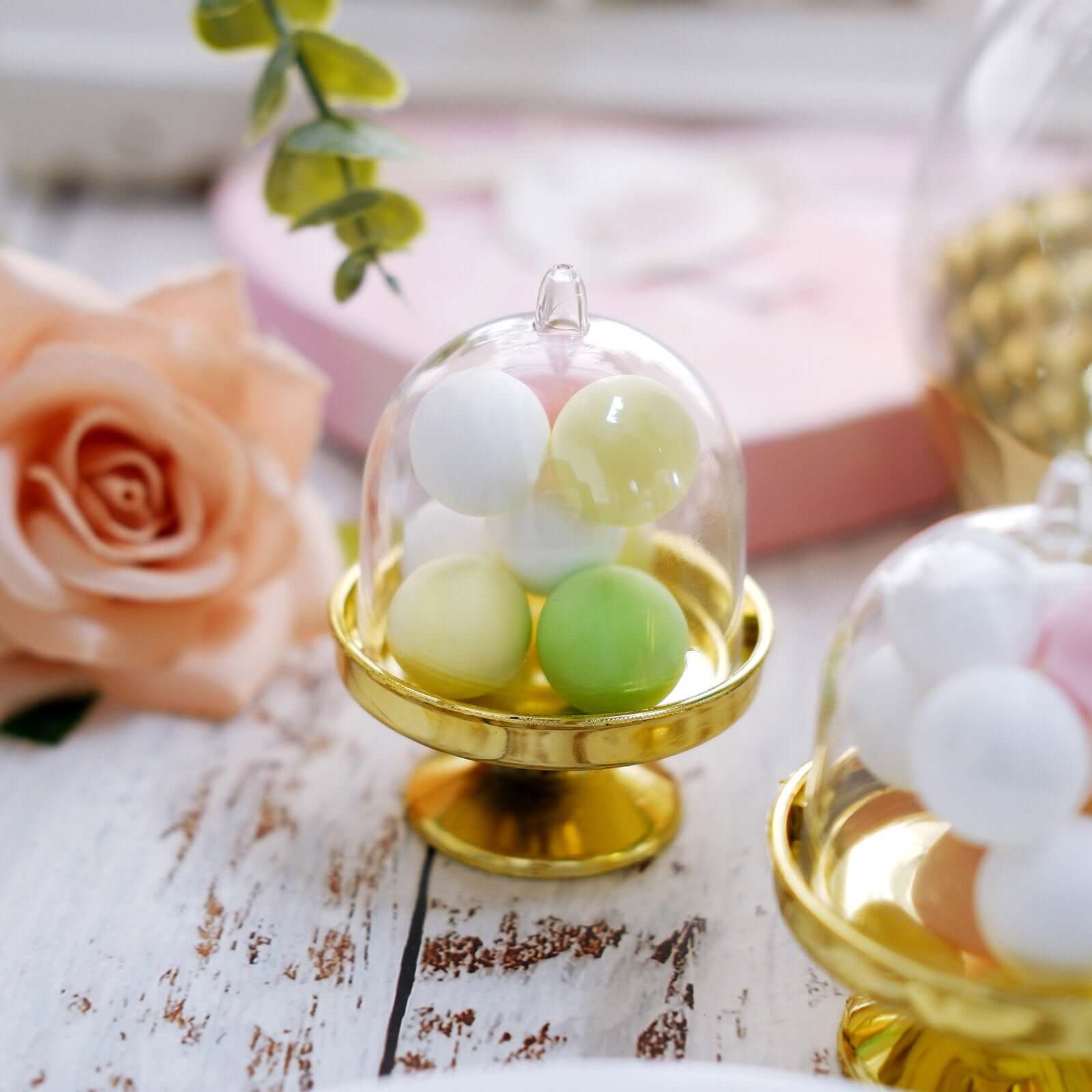 12-Pack Fillable Mini Pedestal Candy Container Clear/Gold- Stylish Candy Treat Favor Containers with Dome Lid 3"