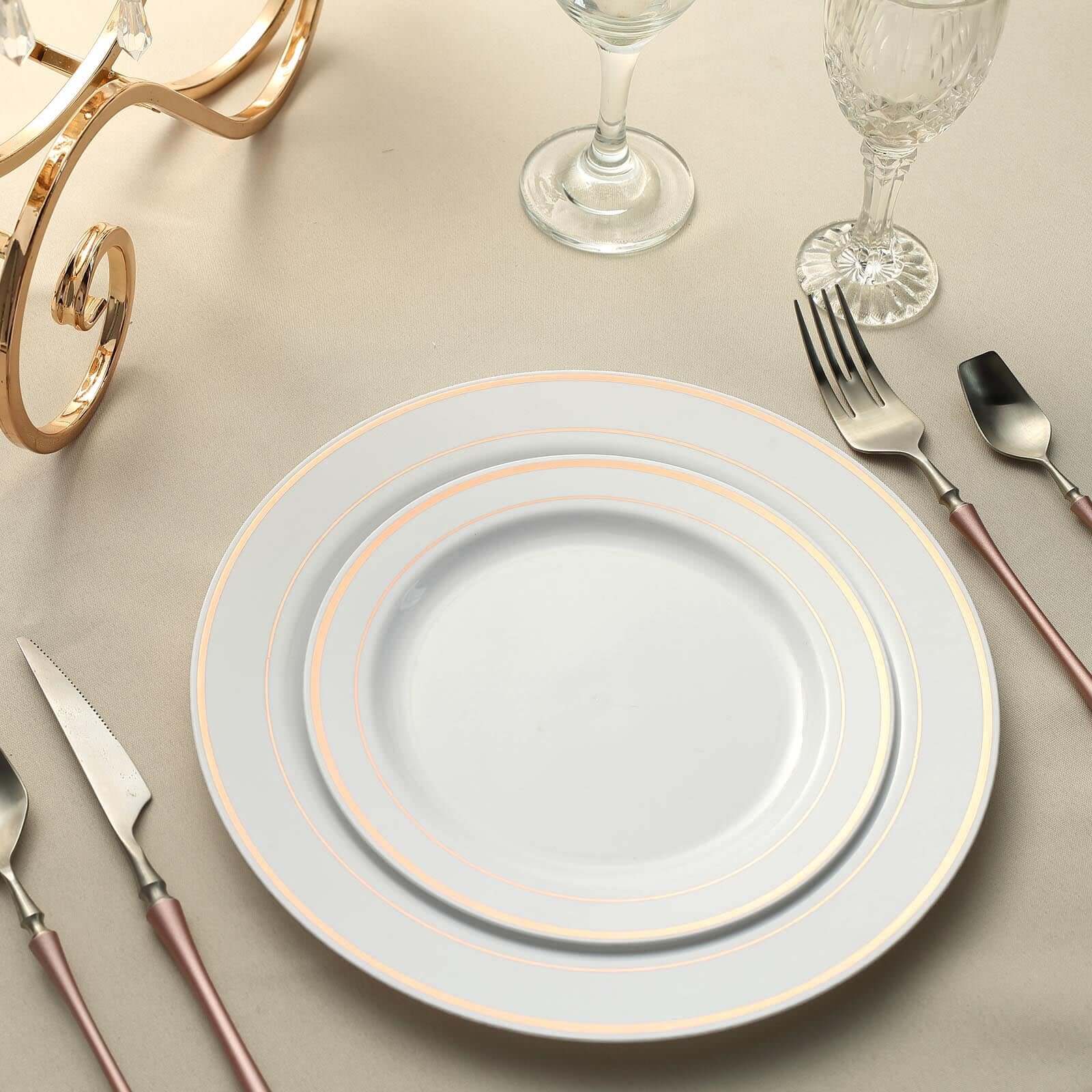 10-Pack Plastic Dessert Plates White with Très Chic Rose Gold Rim - Disposable Plates for Parties 8"
