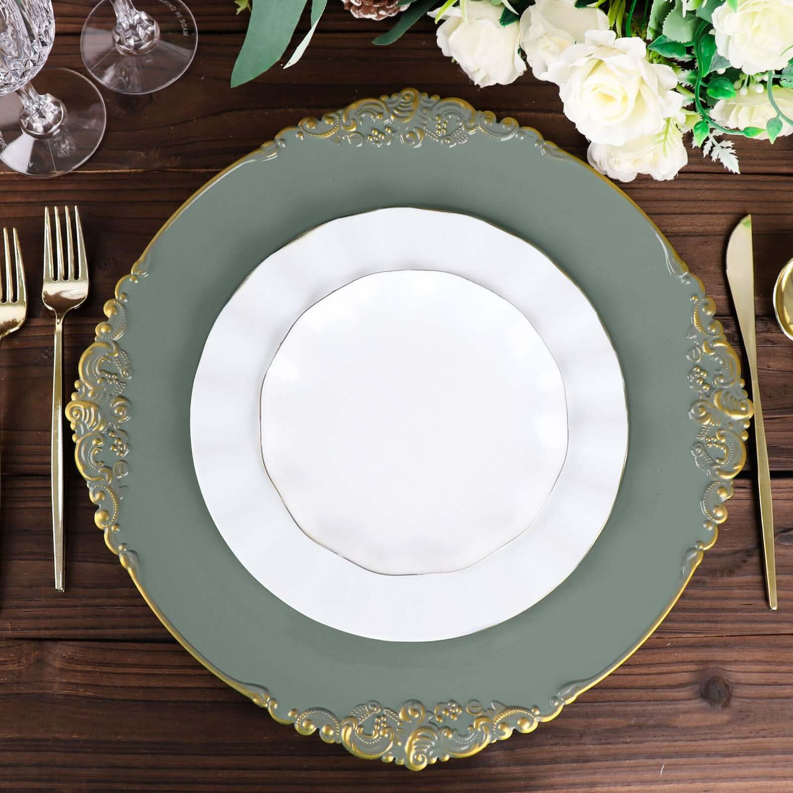 6-Pack Acrylic Round Charger Plates 13" in Olive Green with Gold Embossed Baroque Rim, Antique Decorative Dinner Party Charger Tableware