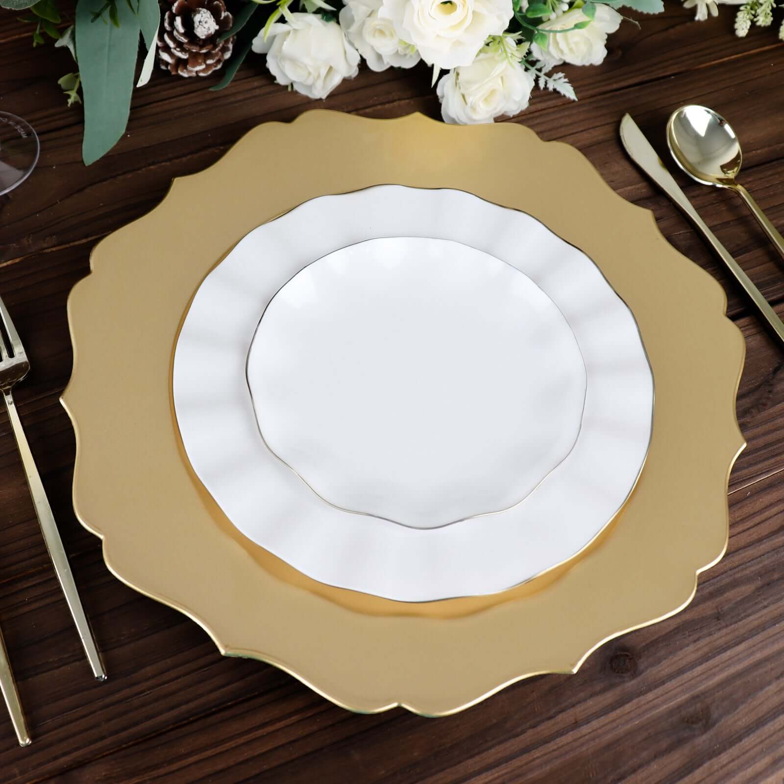 6 Pack 13" Metallic Gold Acrylic Charger Plates Scalloped Rim, Gold Plastic Charger Plates