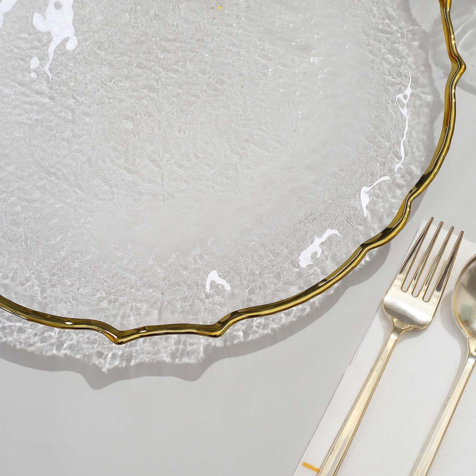 8-Pack Glass Round Charger Plates 13" in Clear with Gold Sunflower Scalloped Rim, Decorative Dinner Chargers