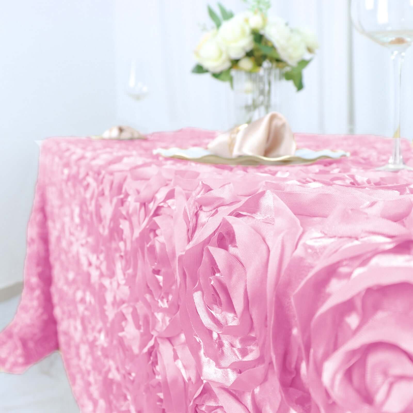 Satin 90"x132" Rectangle Tablecloth Pink - Grandiose 3D Rosette Seamless Table Cover