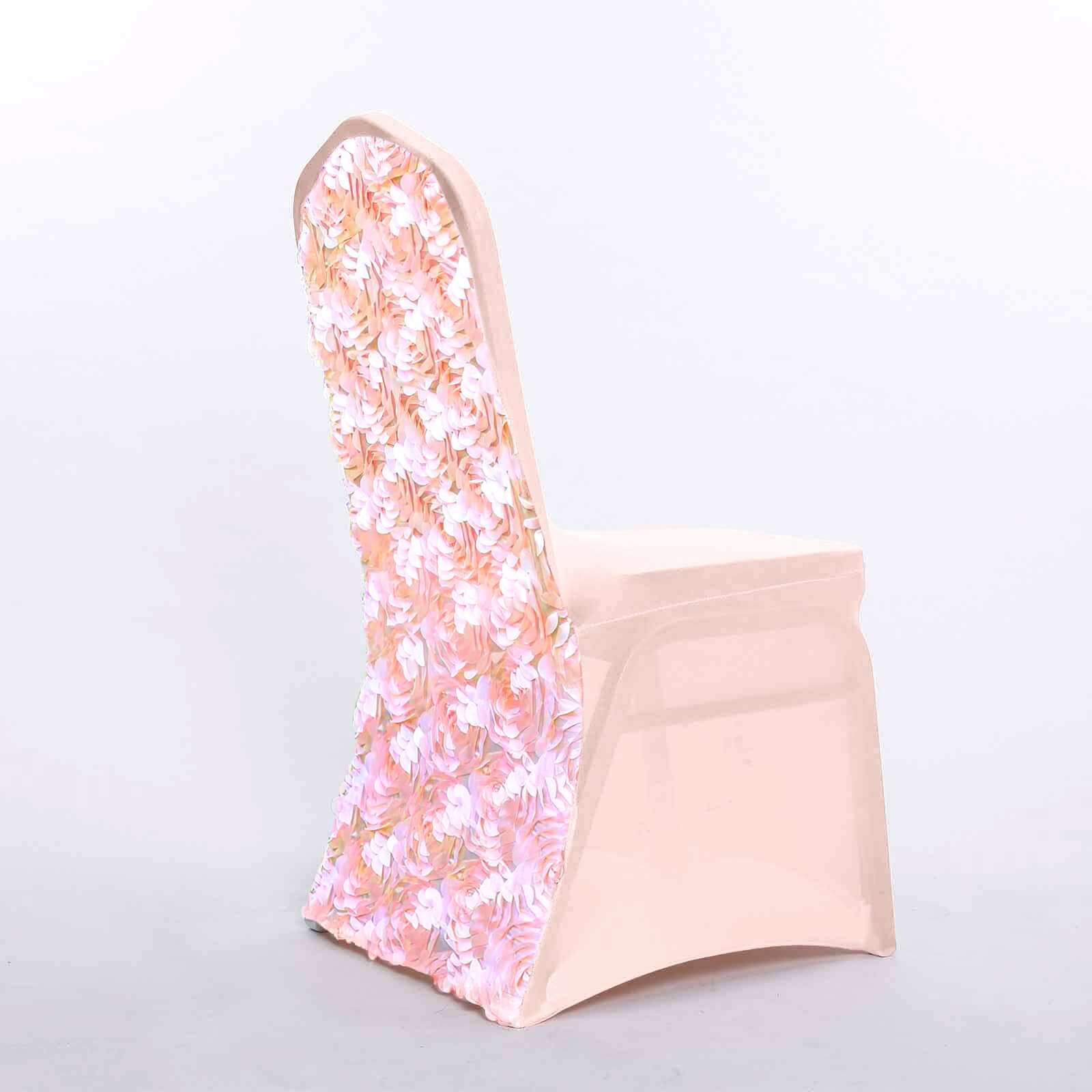 Satin Rosette Chair Cover for Banquet Chairs Blush - Stretch Fitted Slip-On Slipcover