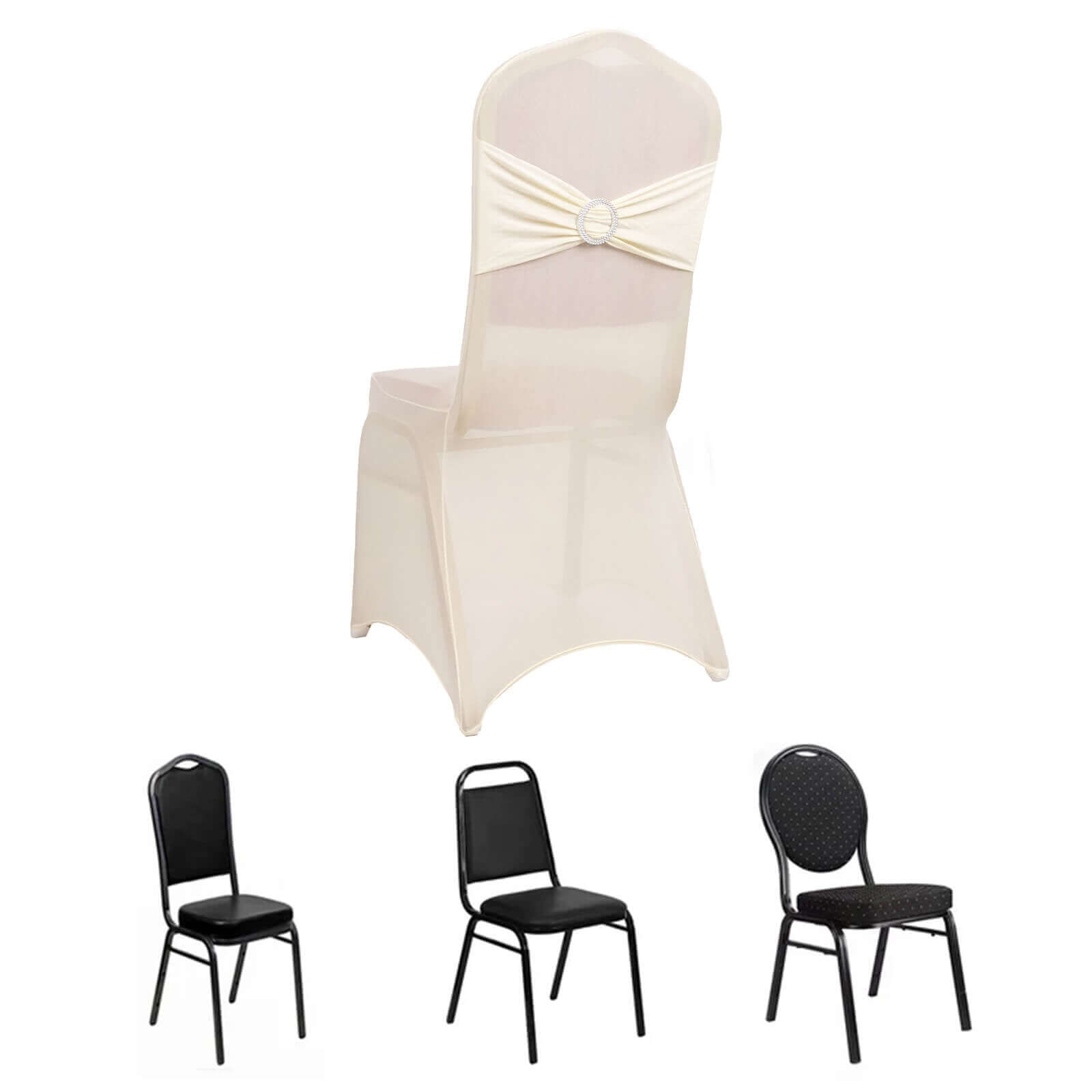 Spandex Chair Cover with Ivory Rhinestone Buckled Sash Band Blush - Stretch Fitted Slipcover