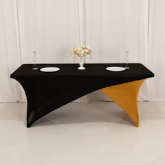 Stretch Spandex 72"x30" Rectangle Table Cover Black/Gold Cross Over Design - Two-Piece Fitted Tablecloth with Elastic Foot Pockets