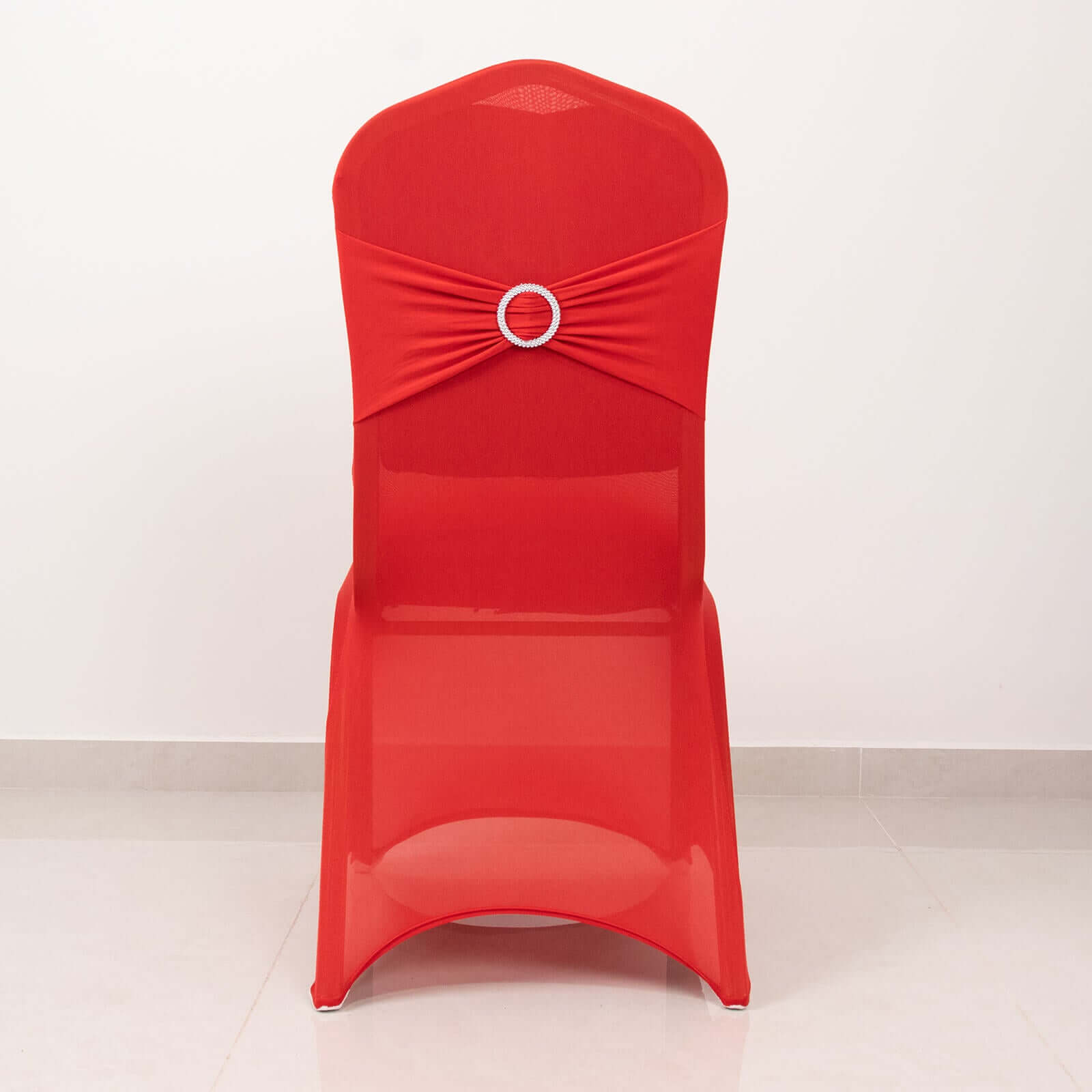 Spandex Chair Cover with Red Rhinestone Buckled Sash Band Blush - Stretch Fitted Slipcover