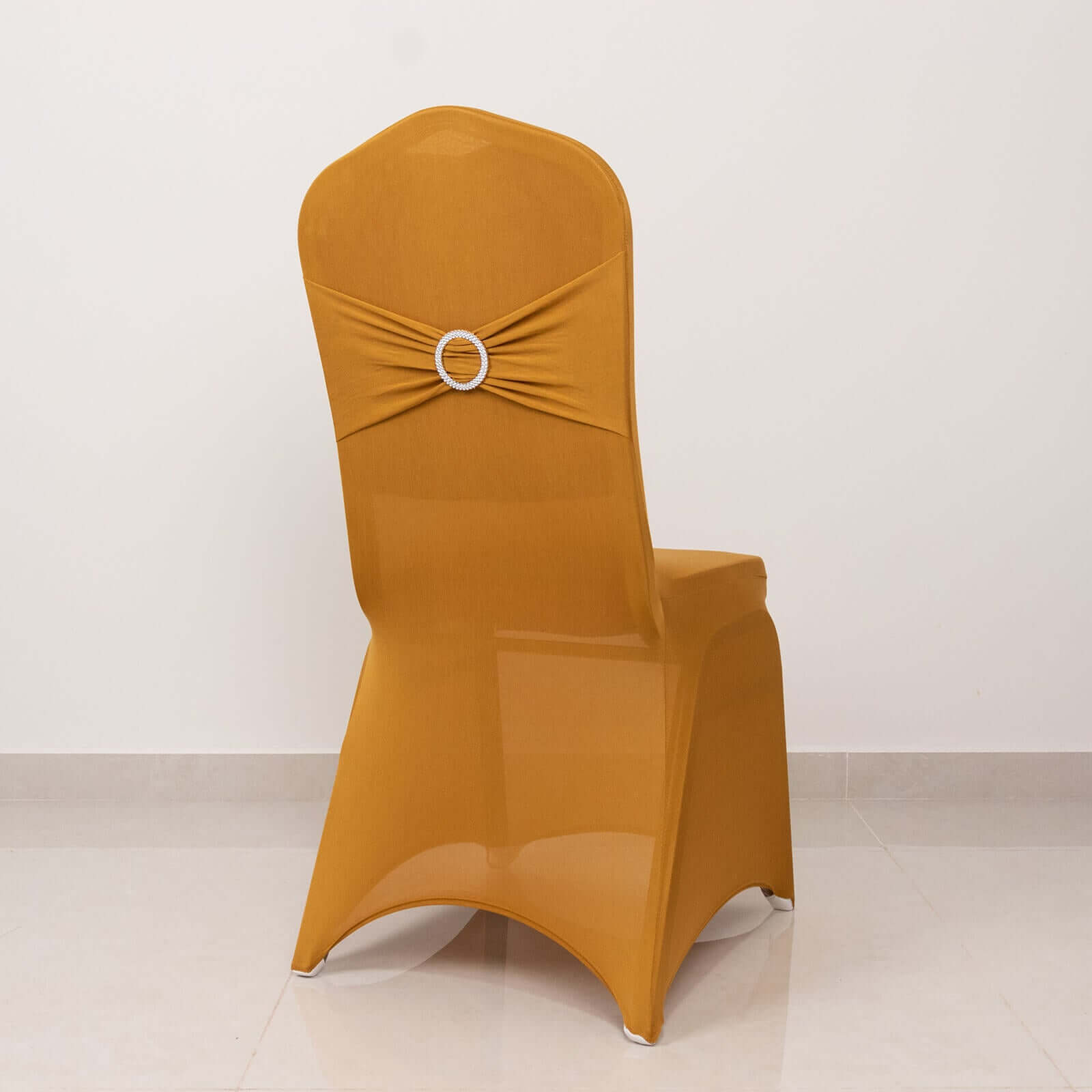 Spandex Chair Cover with Gold Rhinestone Buckled Sash Band Blush - Stylish Stretch Fitted Slipcover for Banquets & Events