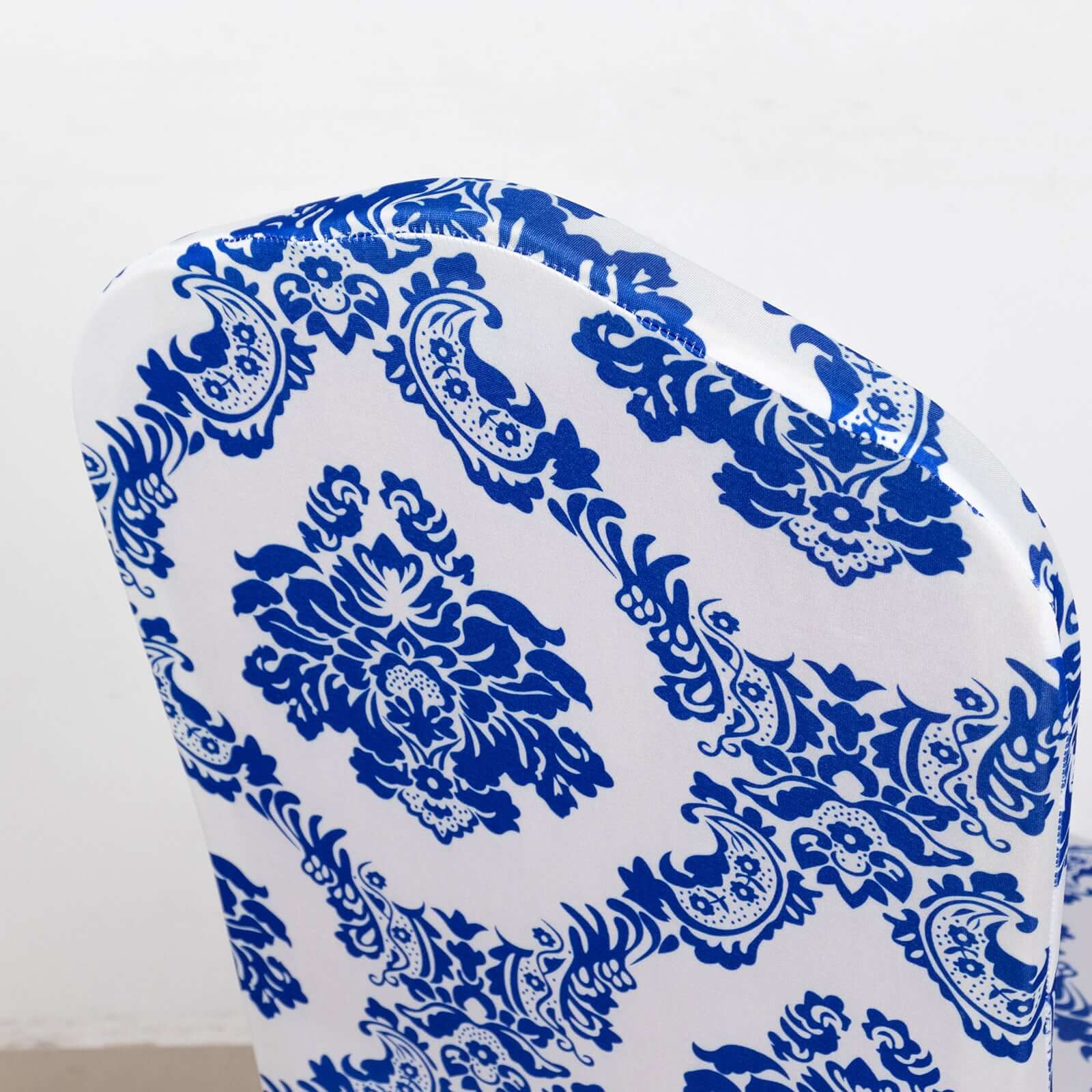 Spandex Banquet Chair Cover Fitted Cover in Royal Blue - Stretch 160gsm Fabric with Foot Pockets & Damask Pattern