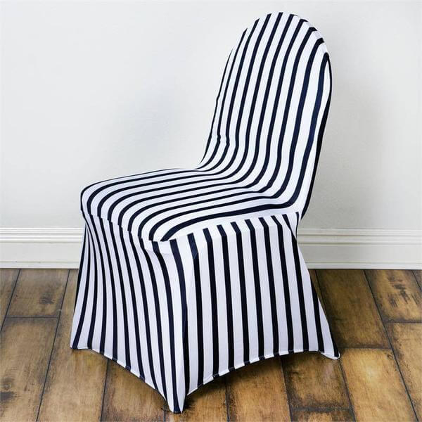 Spandex Chair Cover with Foot Pockets for Banquet Chairs Black/White Striped - Durable Stretch Fitted Slipcover for Weddings & Gatherings
