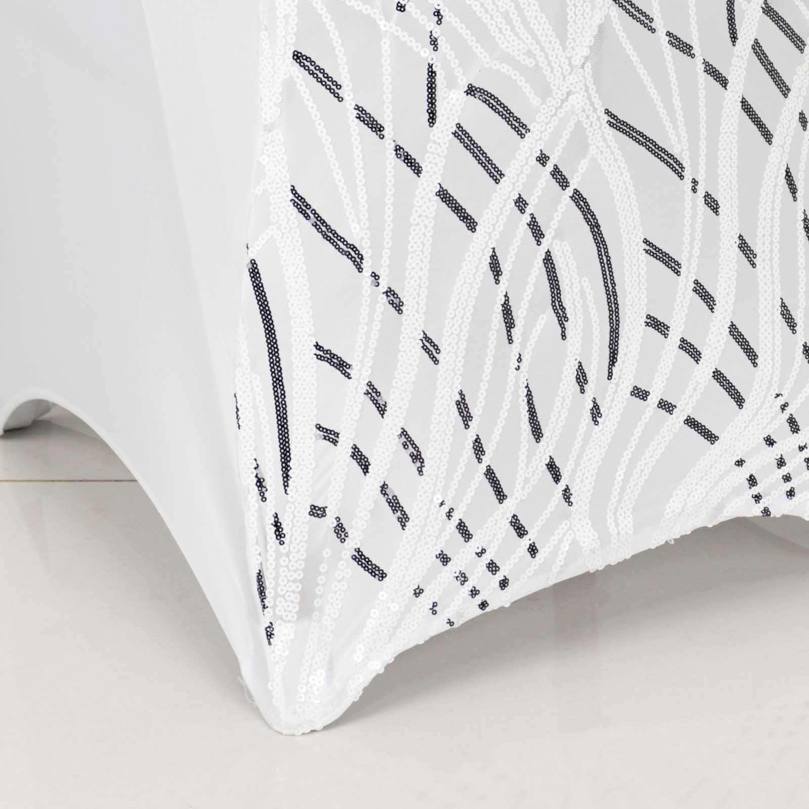 Spandex Chair Cover with Wave Embroidered Sequins for Banquet Chairs White/Black - Luxe Glittering Stretch Fitted Slipcover